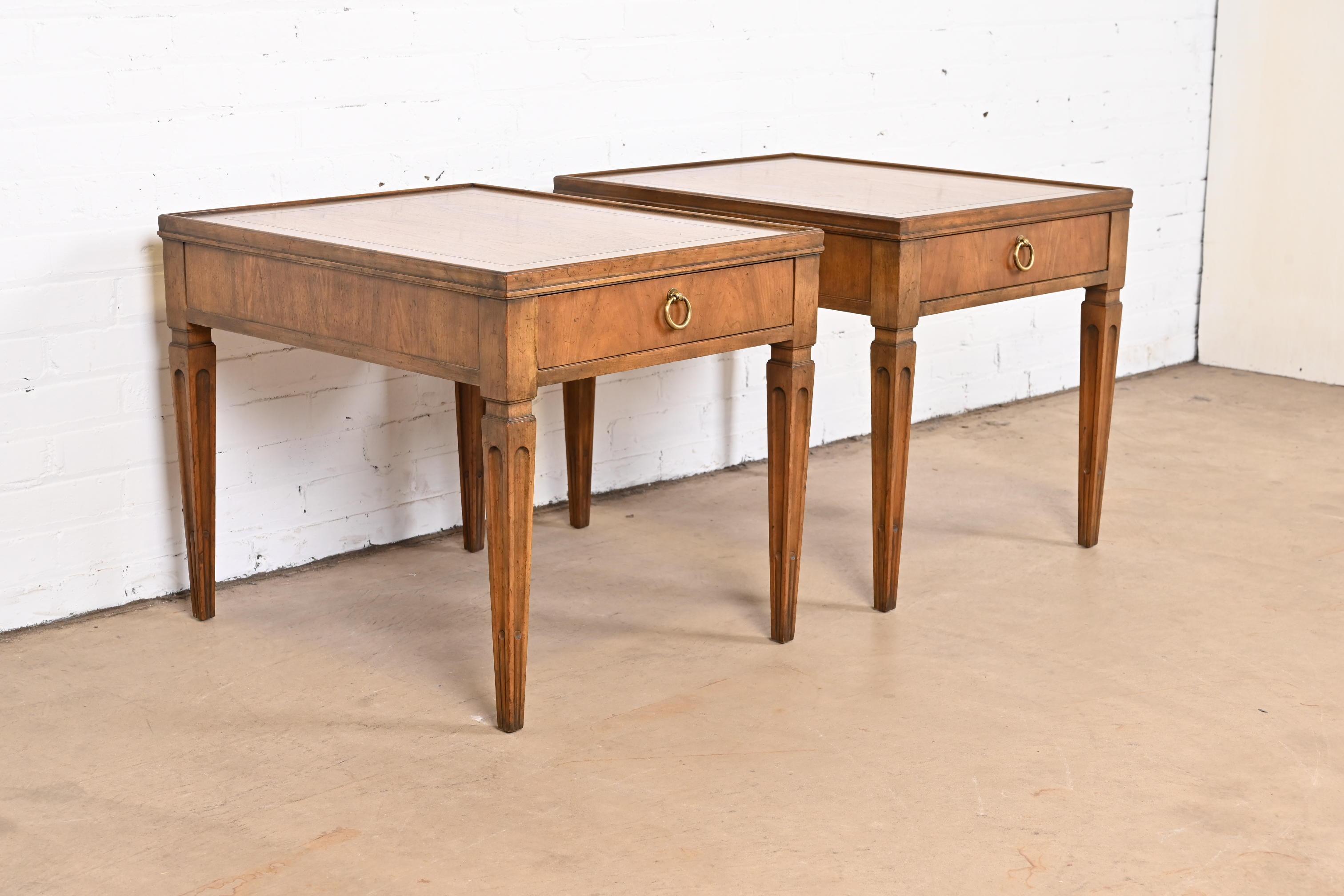 20th Century Baker Furniture French Regency Louis XVI Walnut Nightstands or End Tables, Pair