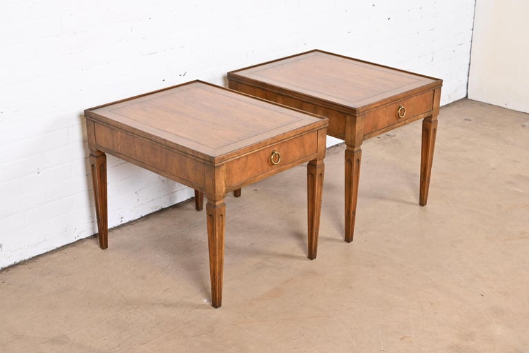 Brass Baker Furniture French Regency Louis XVI Walnut Nightstands or End Tables, Pair For Sale