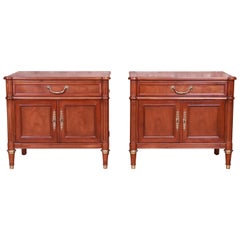 Baker Furniture French Regency Louis XVI Walnut Nightstands, Pair