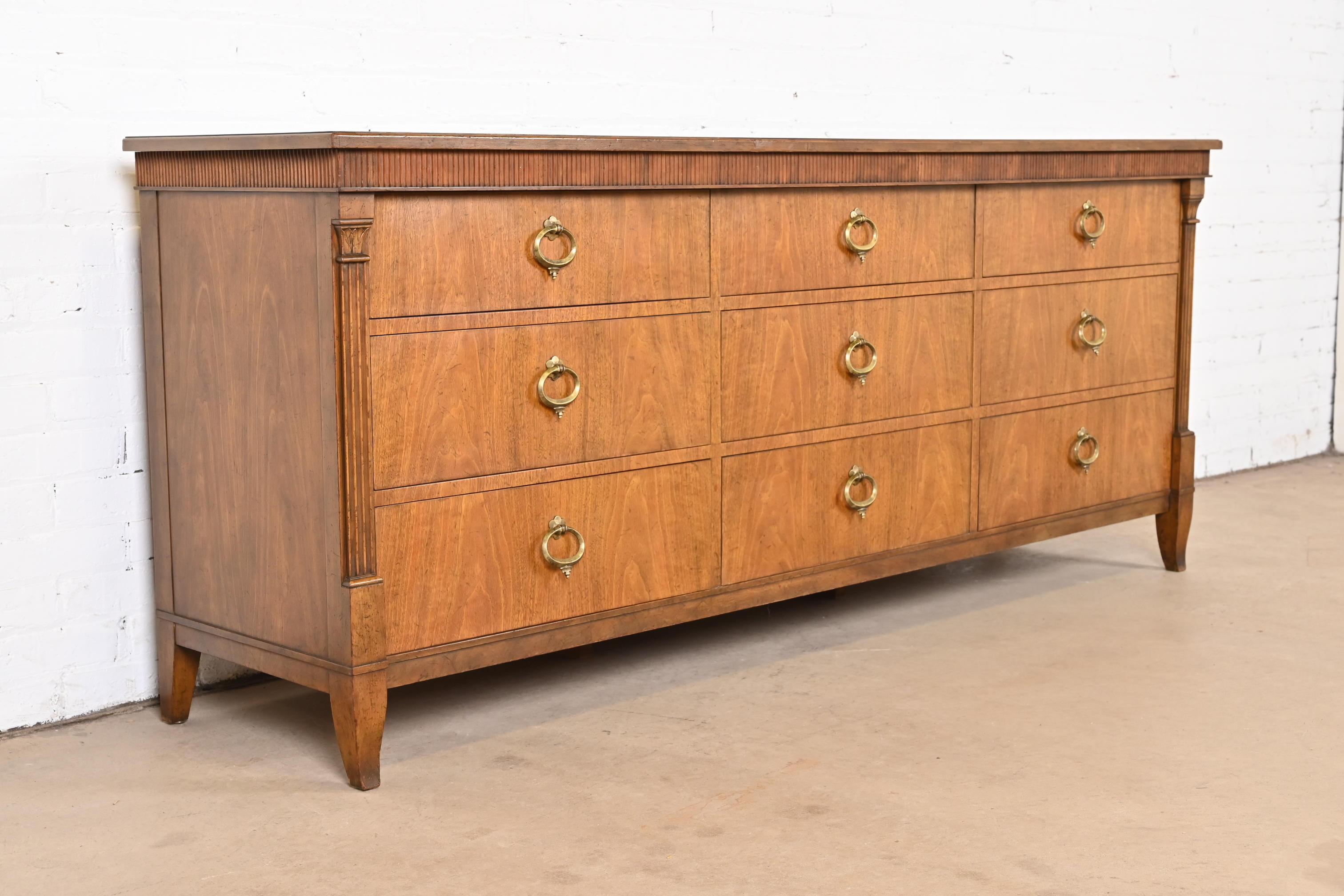 Brass Baker Furniture French Regency Louis XVI Walnut Triple Dresser or Credenza