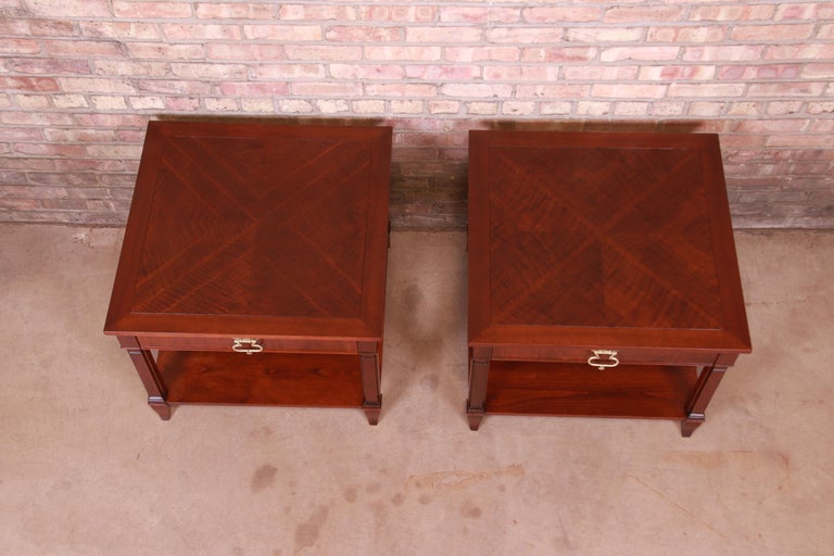 Brass Baker Furniture French Regency Mahogany Bedside Tables, Newly Refinished For Sale