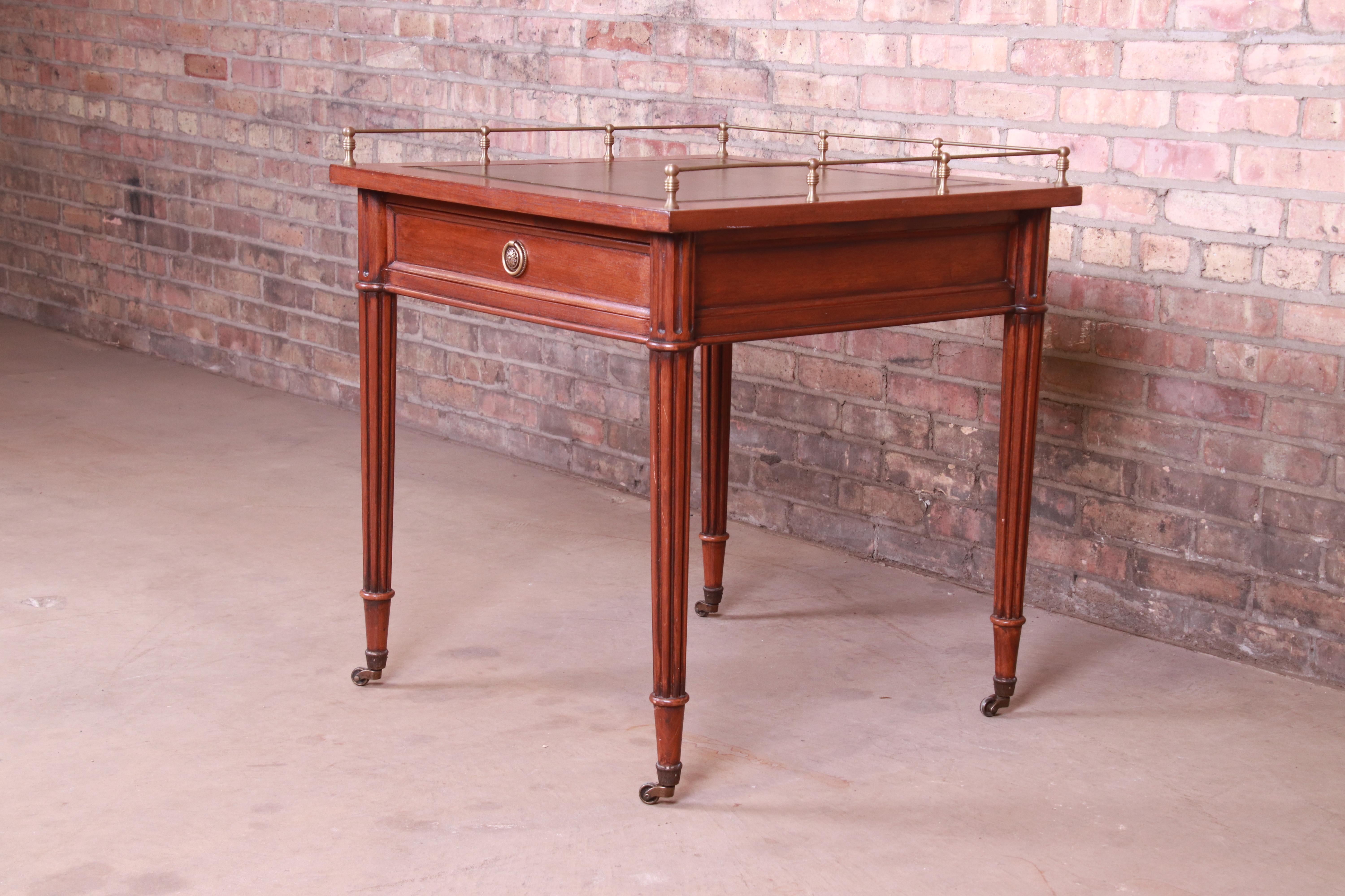 Baker Furniture French Regency Mahogany Leather Top Tea Table with Brass Gallery In Good Condition In South Bend, IN