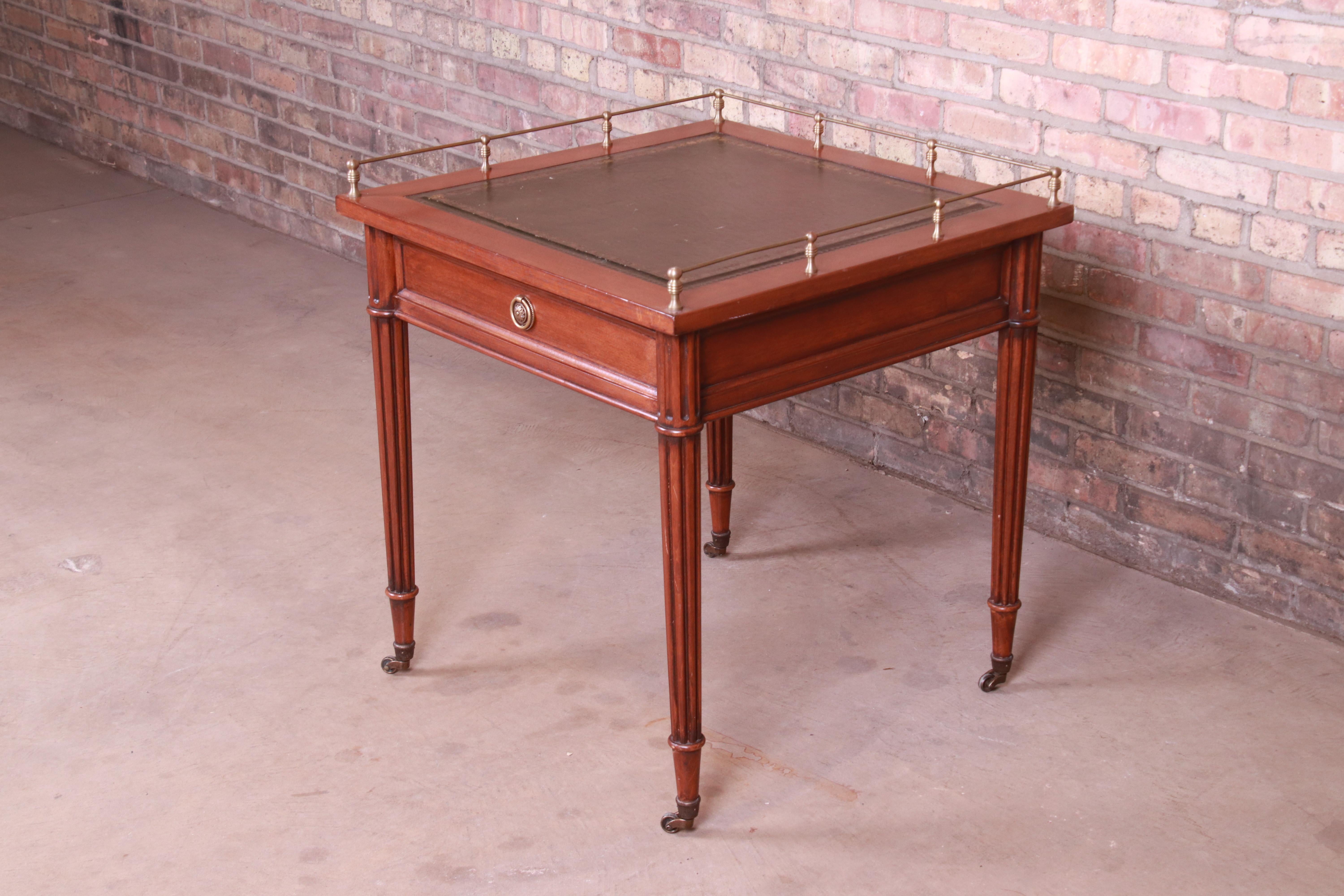 20th Century Baker Furniture French Regency Mahogany Leather Top Tea Table with Brass Gallery