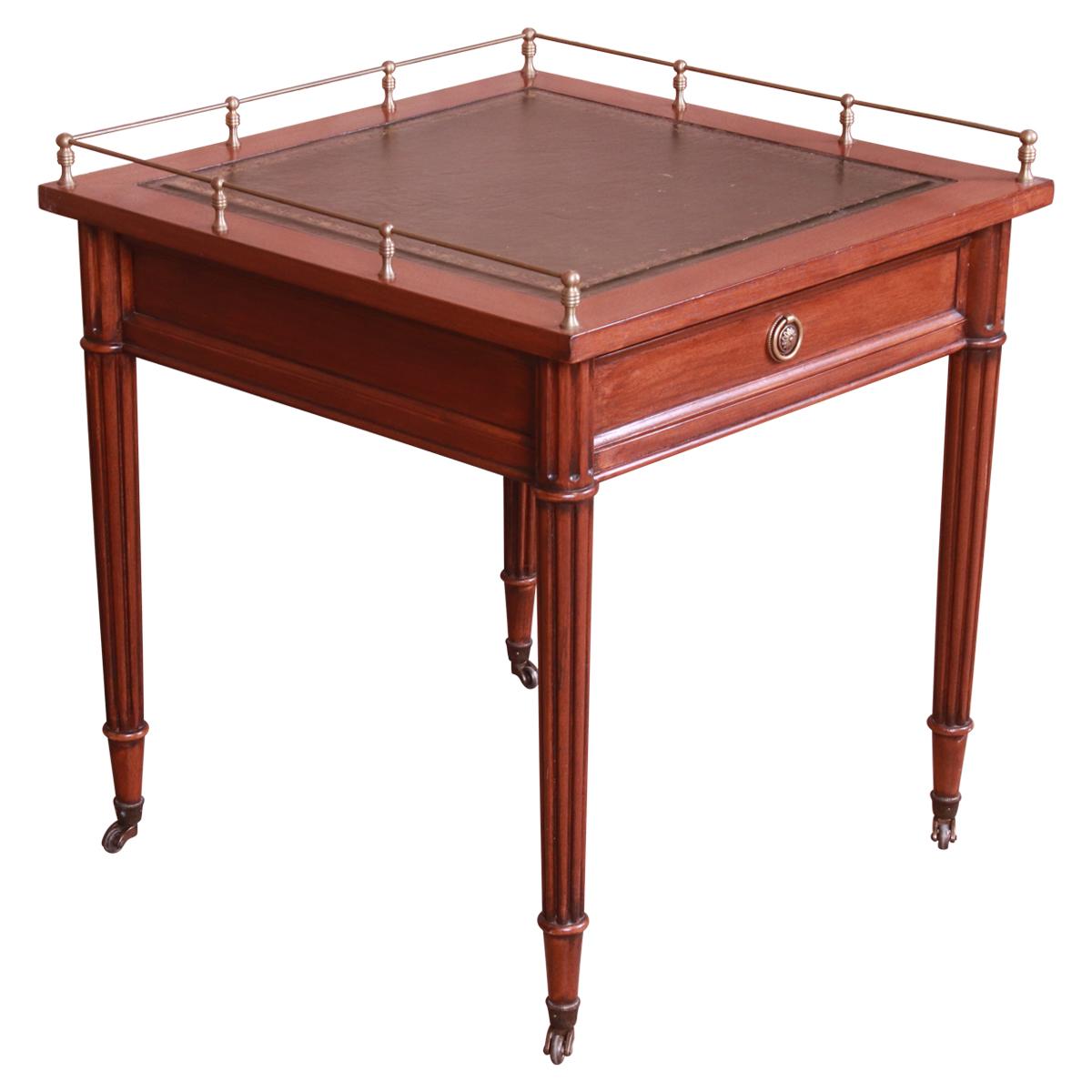 Baker Furniture French Regency Mahogany Leather Top Tea Table with Brass Gallery