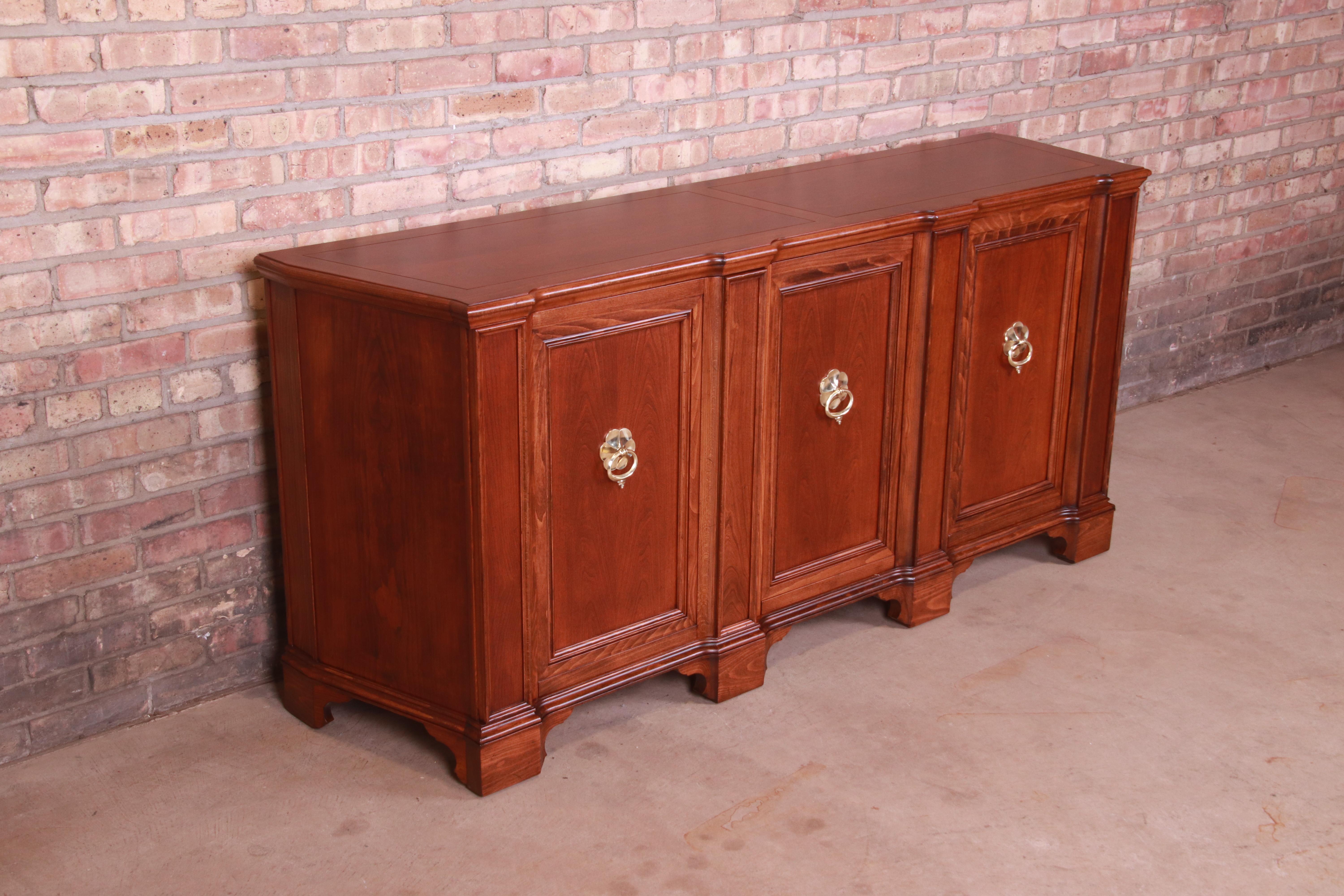 Baker Furniture French Regency Walnut Sideboard or Bar Cabinet, Newly Refinished In Good Condition In South Bend, IN