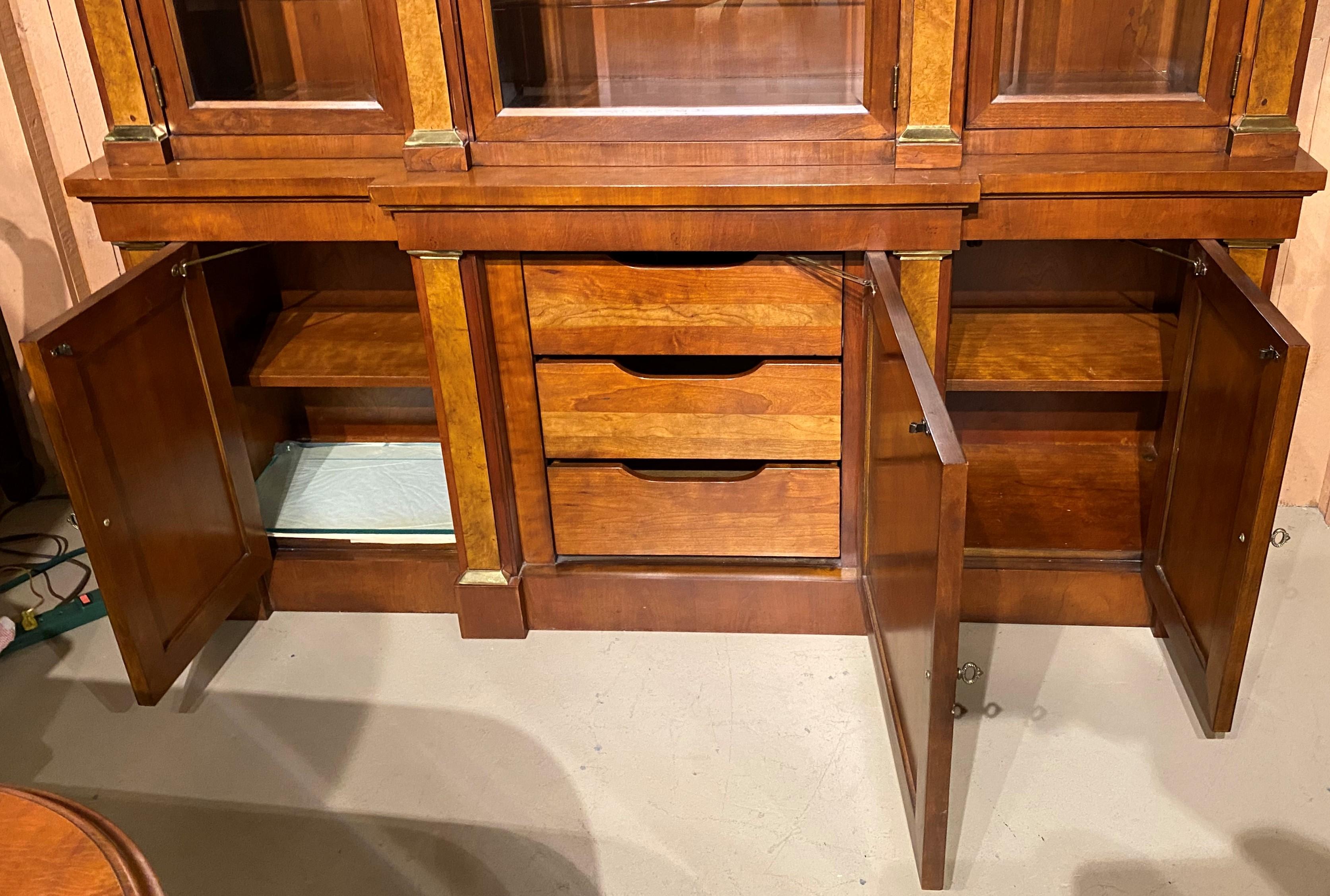 Brass Baker Furniture Fruitwood Breakfront China Cabinet or Bookcase, or Server For Sale