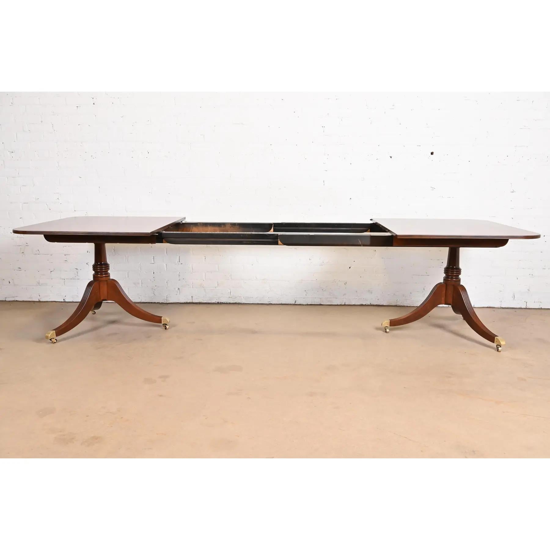 Brass Baker Furniture Georgian Banded Cherry Double Pedestal Dining Table, Refinished