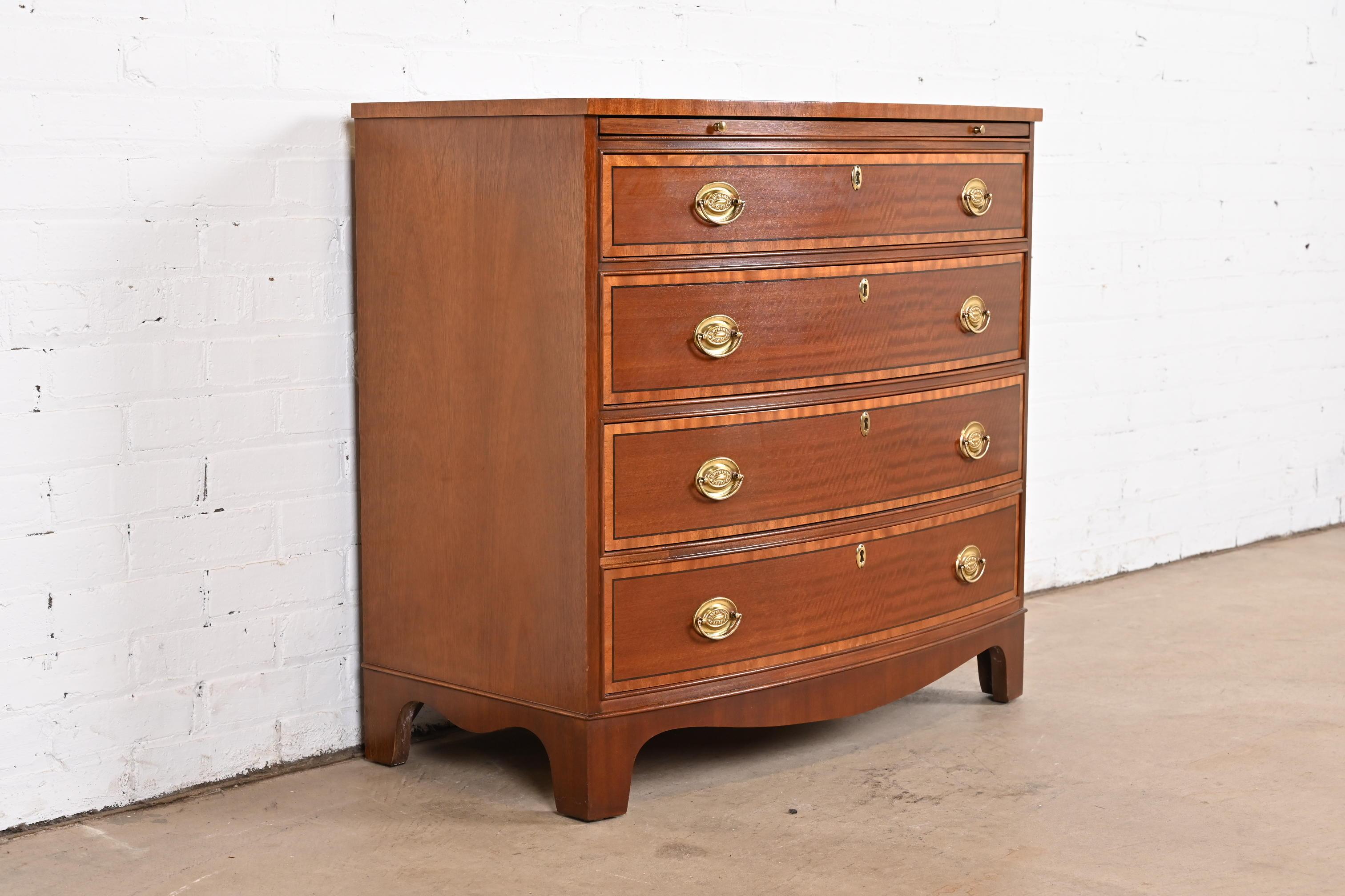 Late 20th Century Baker Furniture Georgian Banded Mahogany Bow Front Chest of Drawers