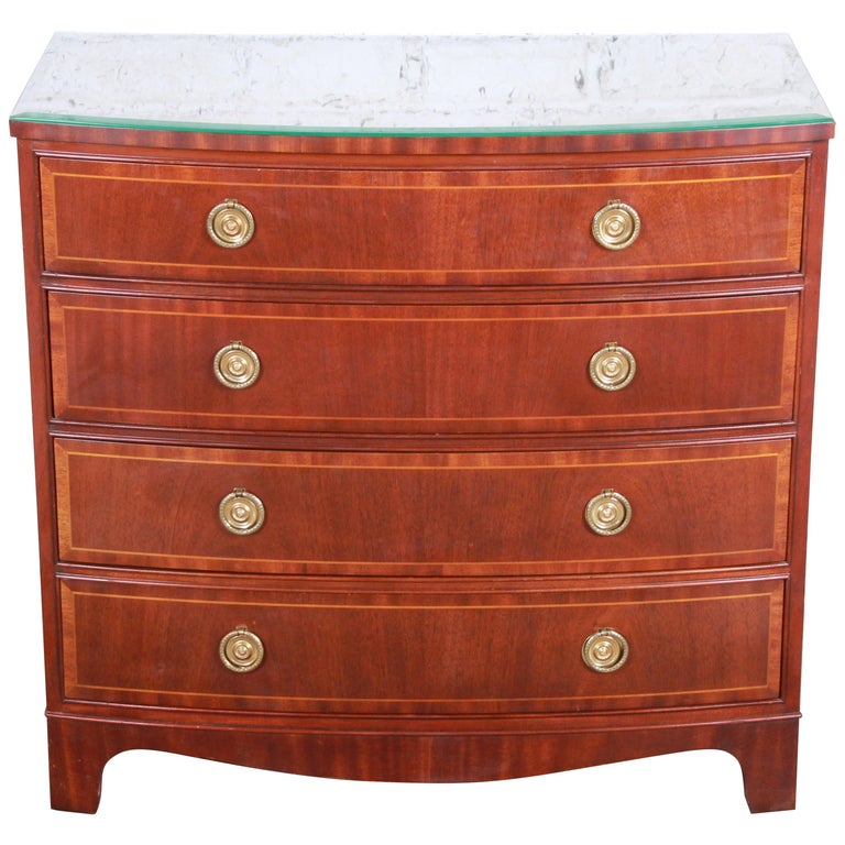 Baker Furniture Banded Mahogany Bow Front Chest of Drawers at