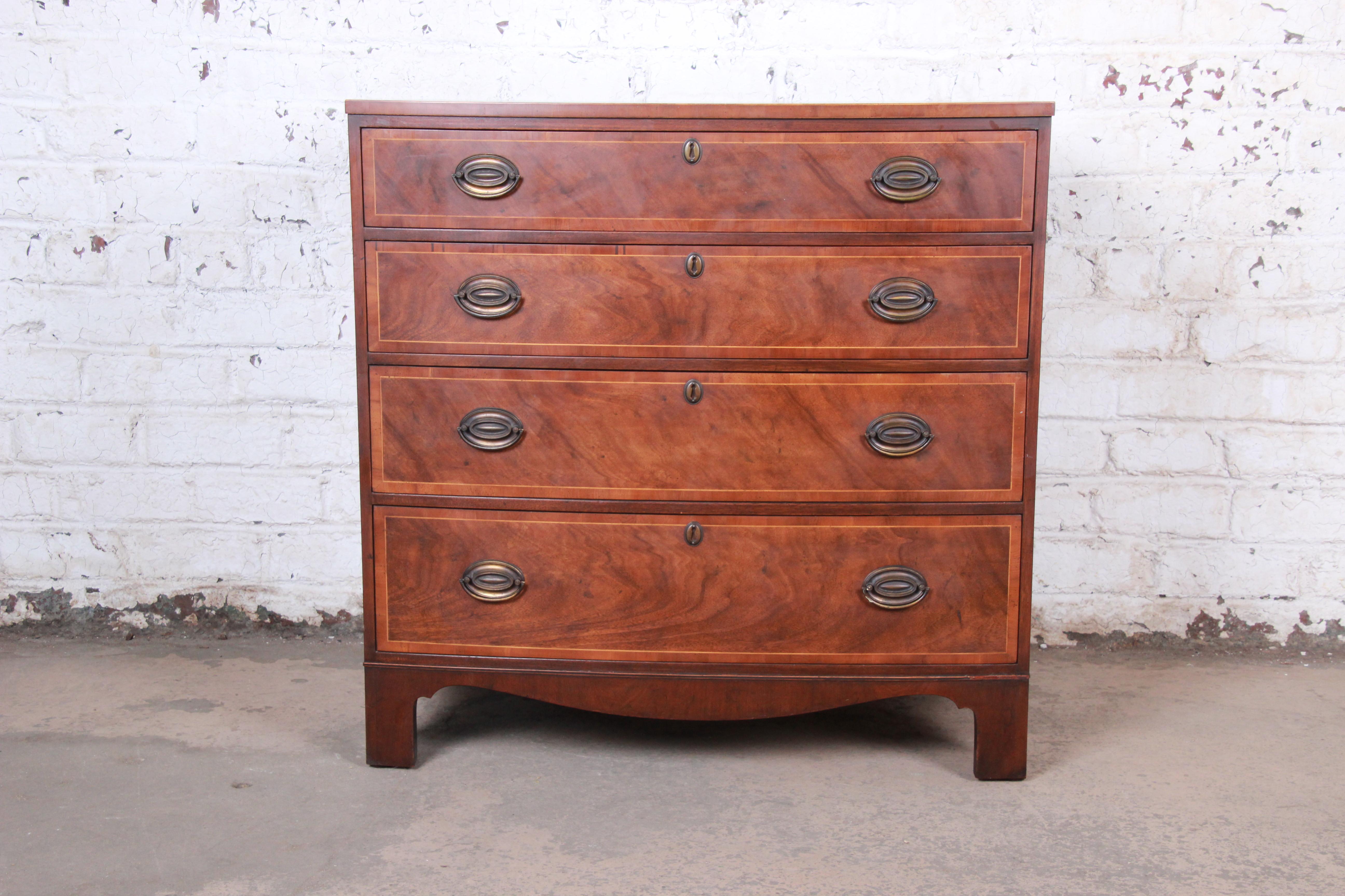 American Baker Furniture Georgian Banded Mahogany Bow Front Chest of Drawers or Commode