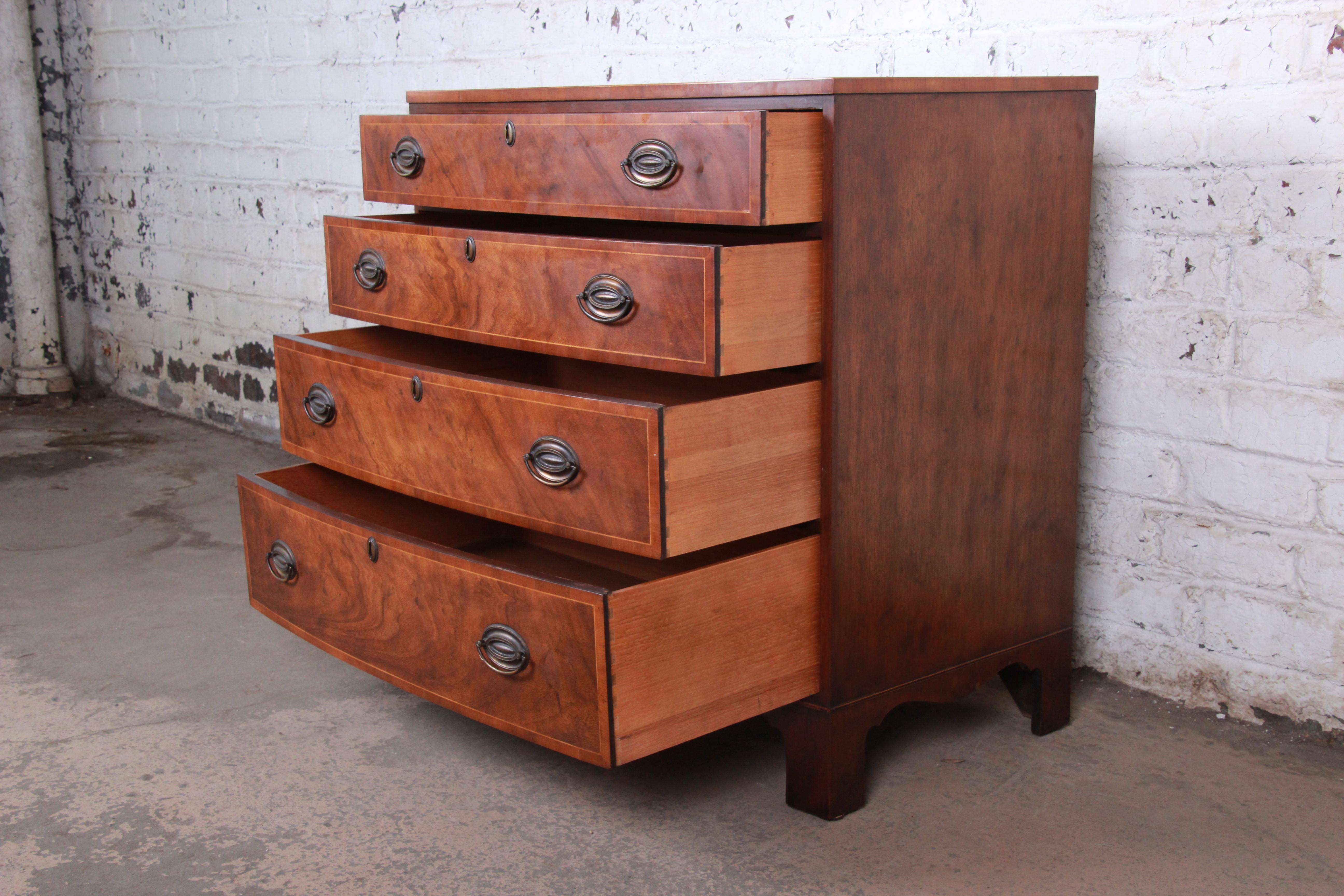 Brass Baker Furniture Georgian Banded Mahogany Bow Front Chest of Drawers or Commode