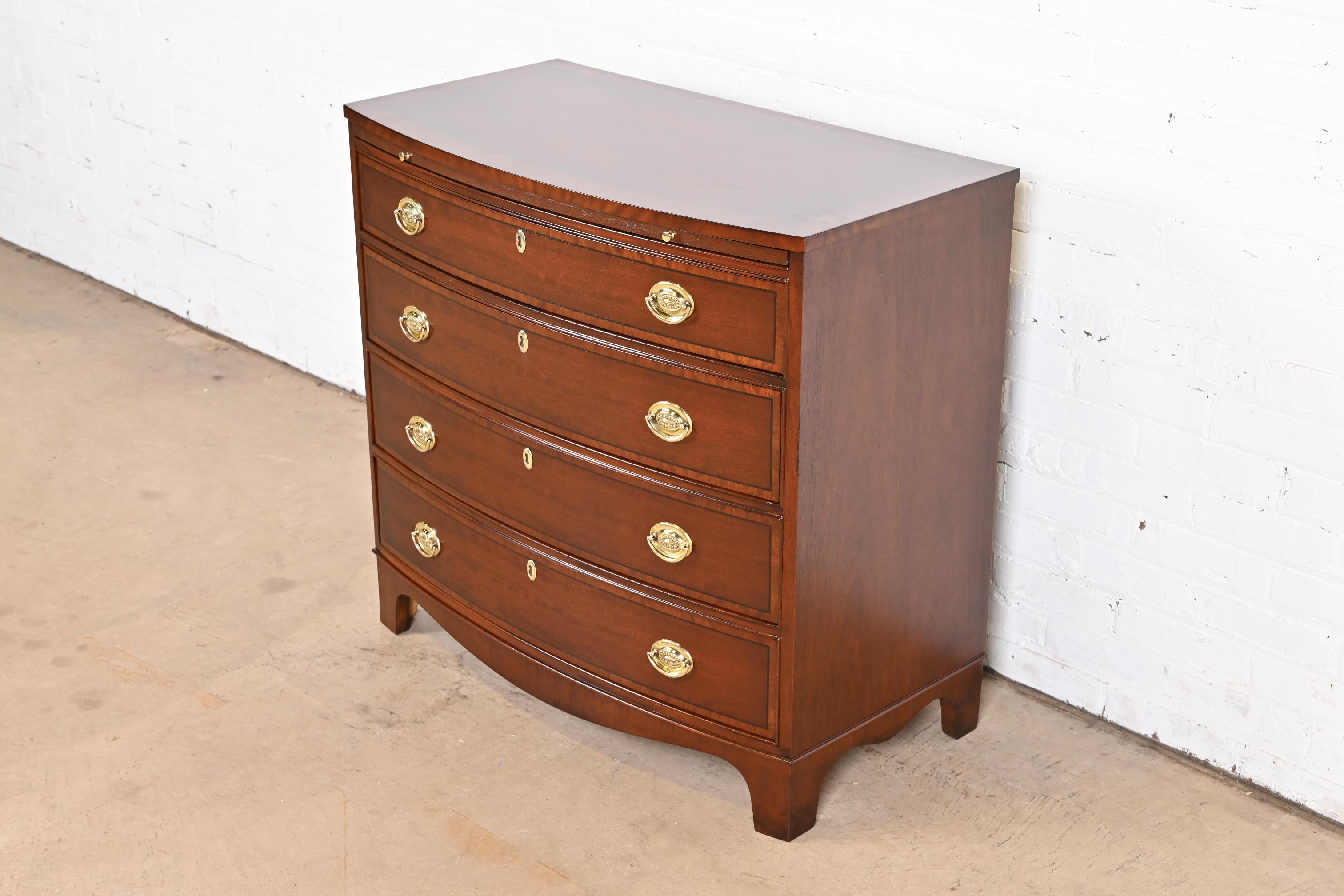 American Baker Furniture Georgian Banded Mahogany Bow Front Chest of Drawers, Refinished For Sale