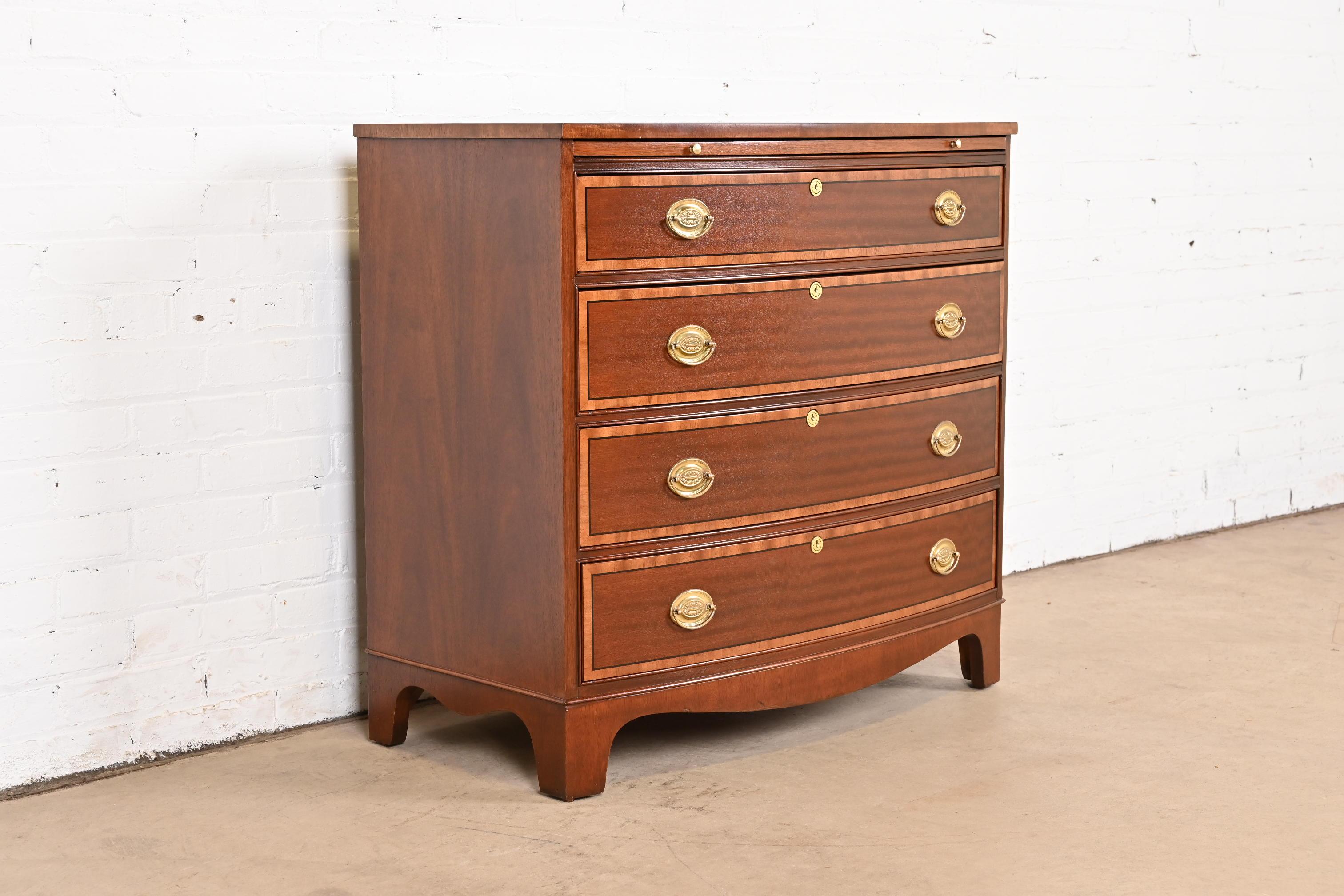 Baker Furniture Georgian Banded Mahogany Bow Front Chest of Drawers, Refinished In Good Condition In South Bend, IN