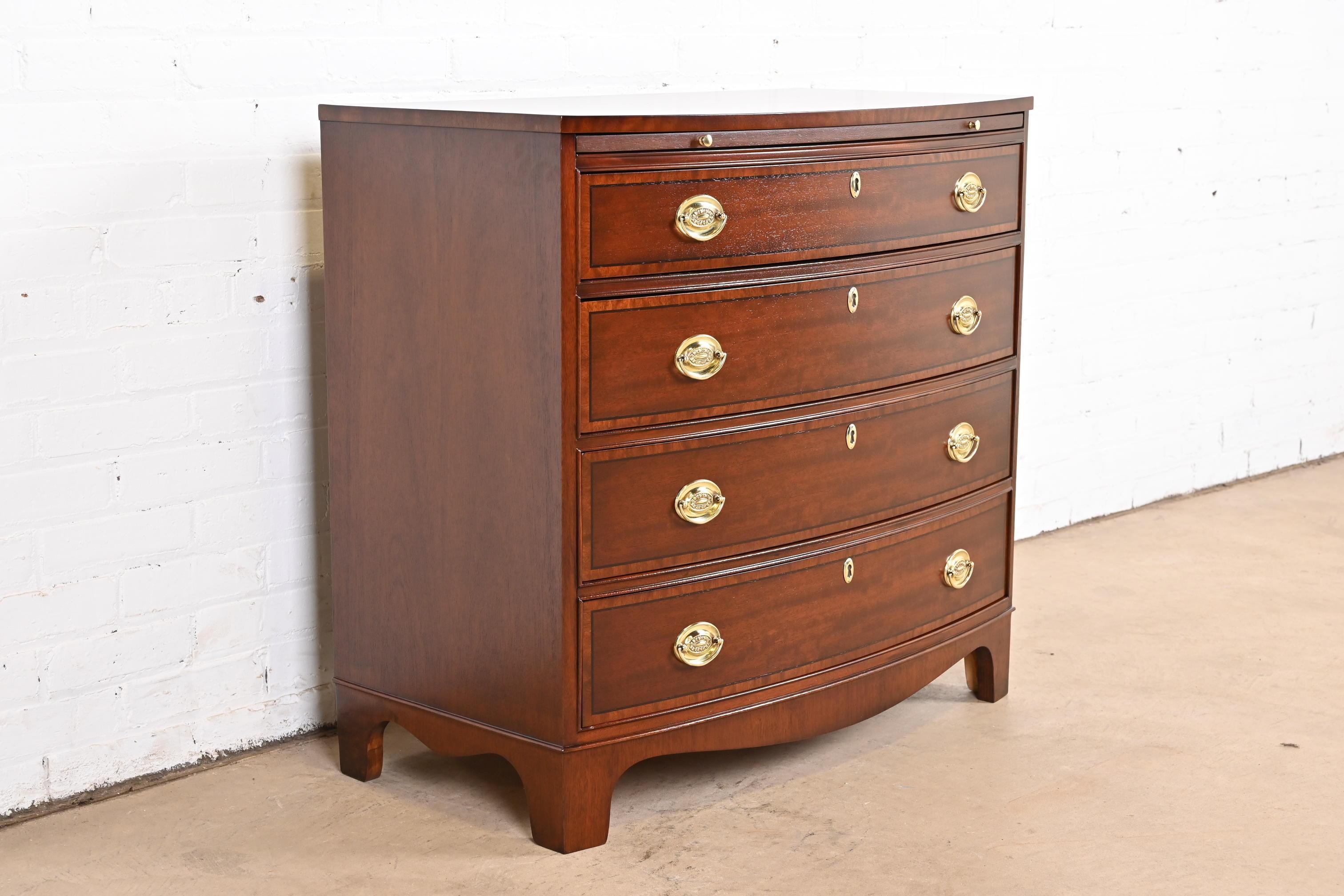 Late 20th Century Baker Furniture Georgian Banded Mahogany Bow Front Chest of Drawers, Refinished For Sale