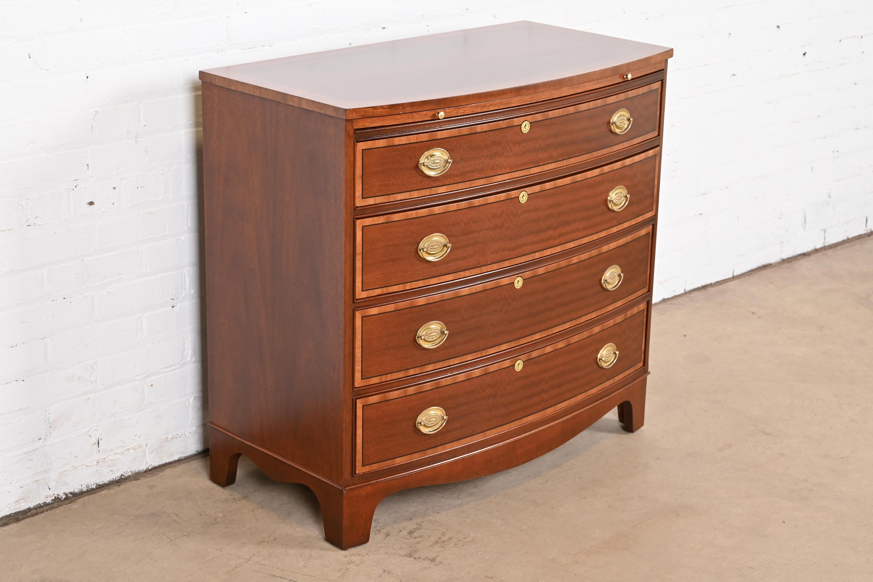 Late 20th Century Baker Furniture Georgian Banded Mahogany Bow Front Chest of Drawers, Refinished