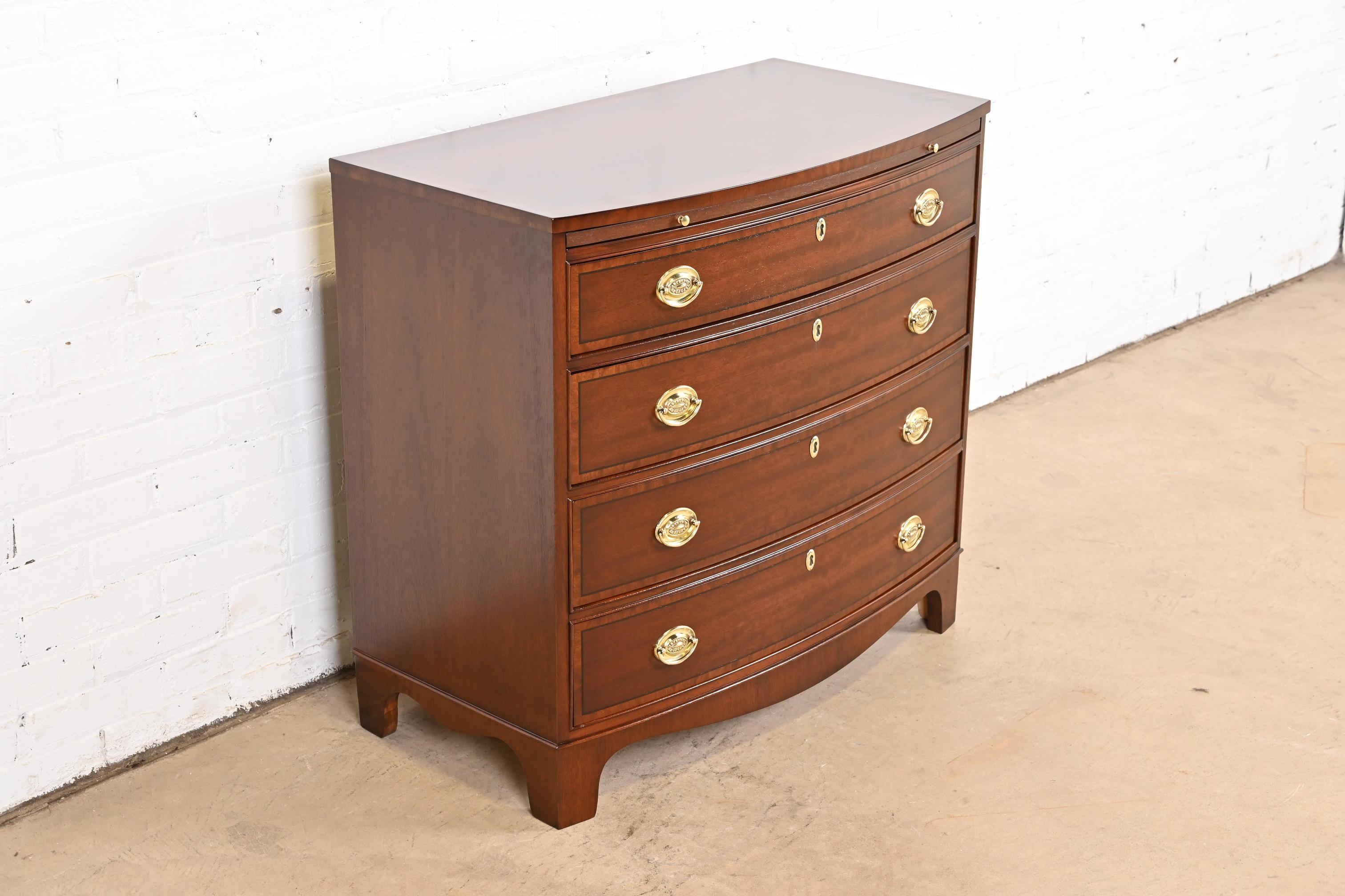 Brass Baker Furniture Georgian Banded Mahogany Bow Front Chest of Drawers, Refinished For Sale