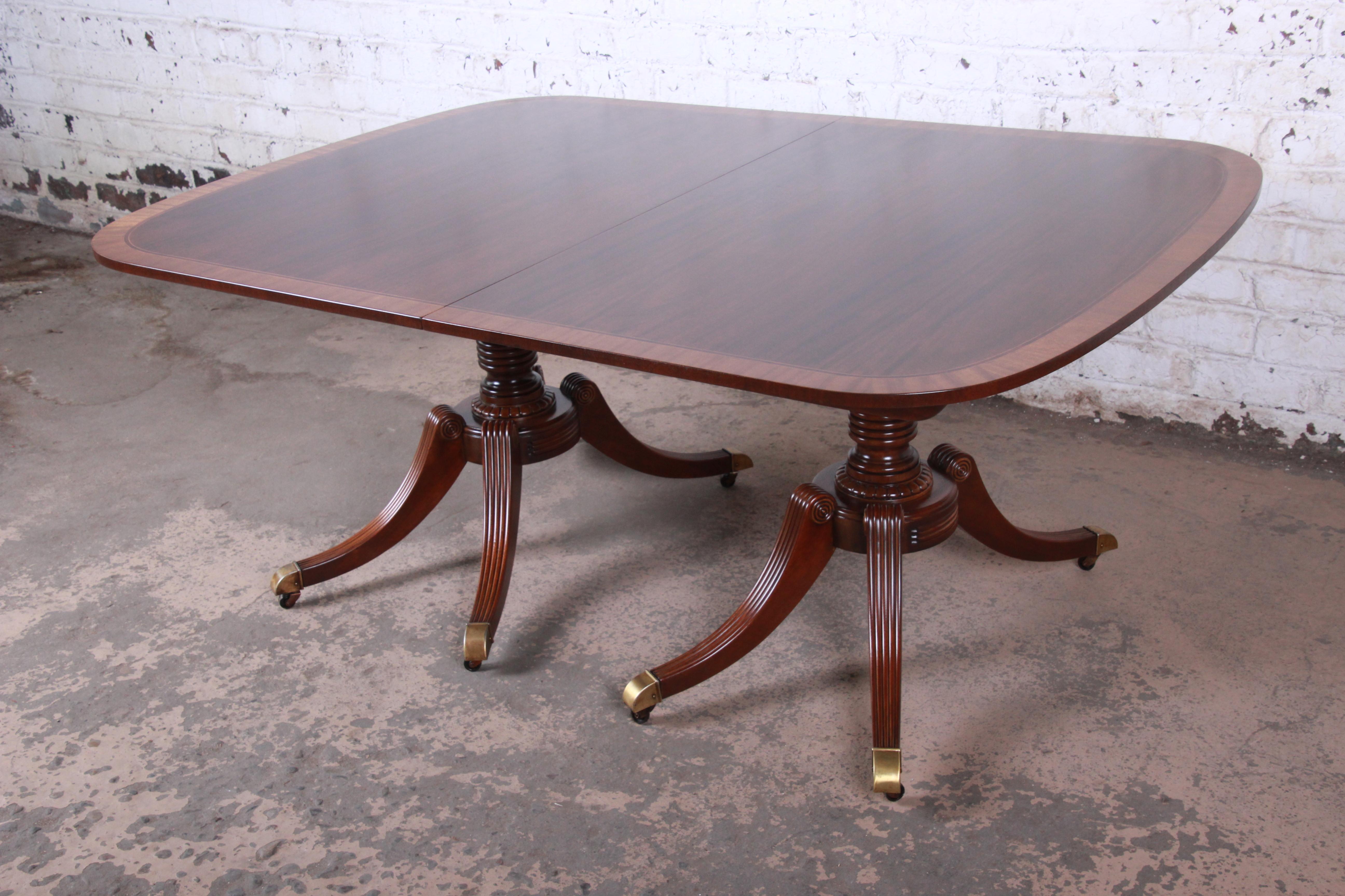 American Baker Furniture Georgian Banded Mahogany Double Pedestal Dining Table, Restored