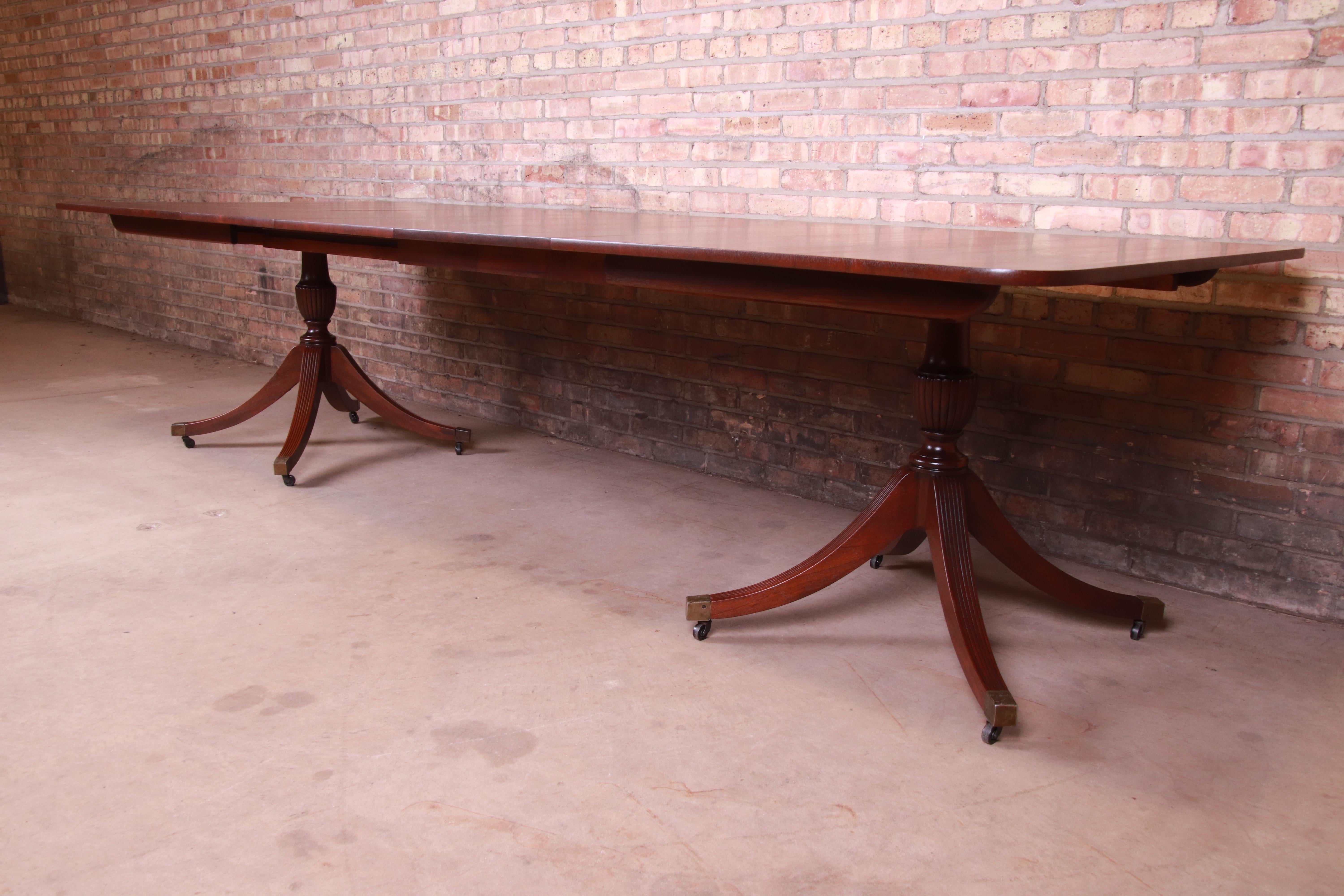 American Baker Furniture Georgian Banded Mahogany Double Pedestal Dining Table, Restored