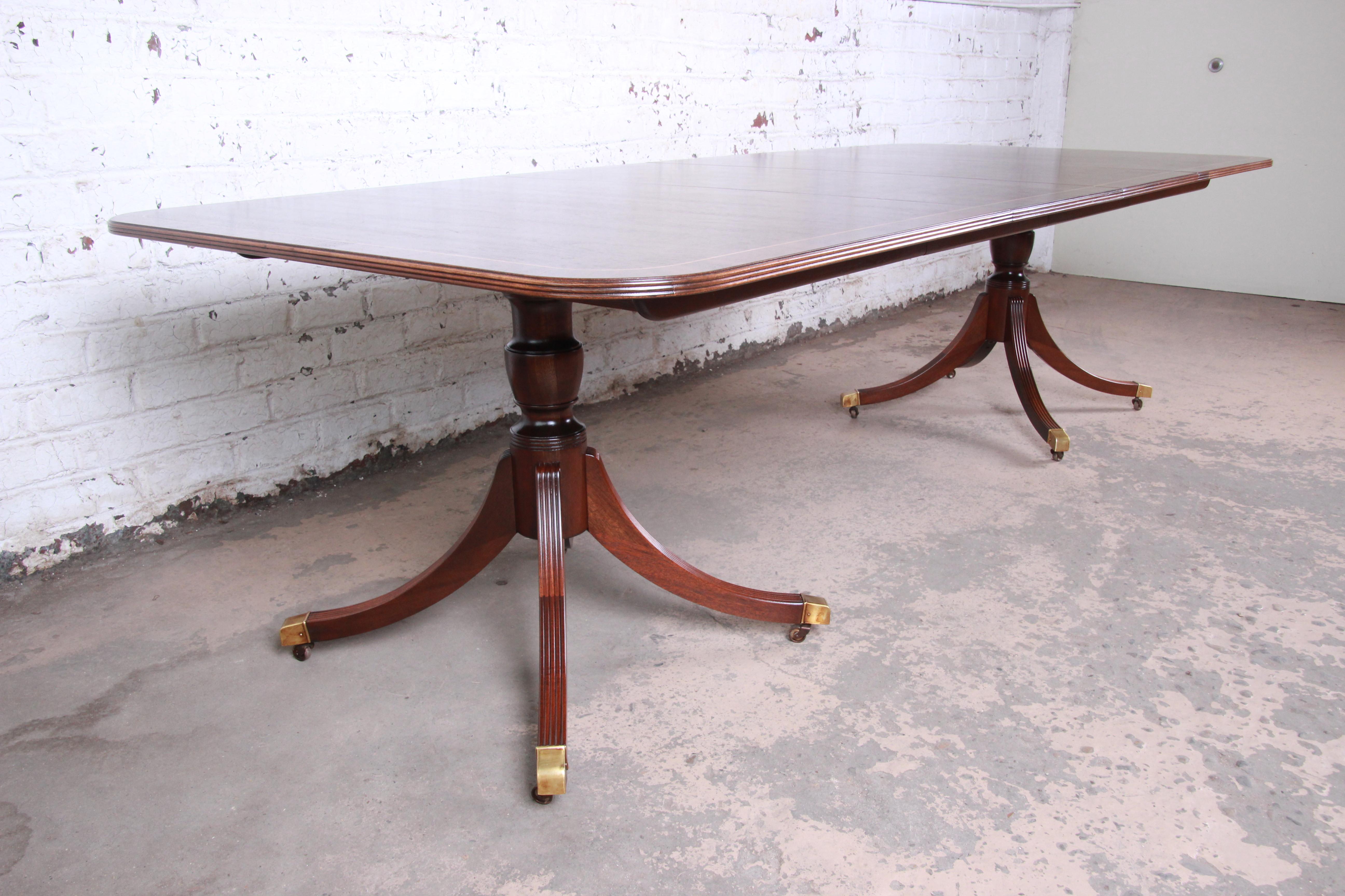 Brass Baker Furniture Georgian Banded Mahogany Double Pedestal Dining Table, Restored