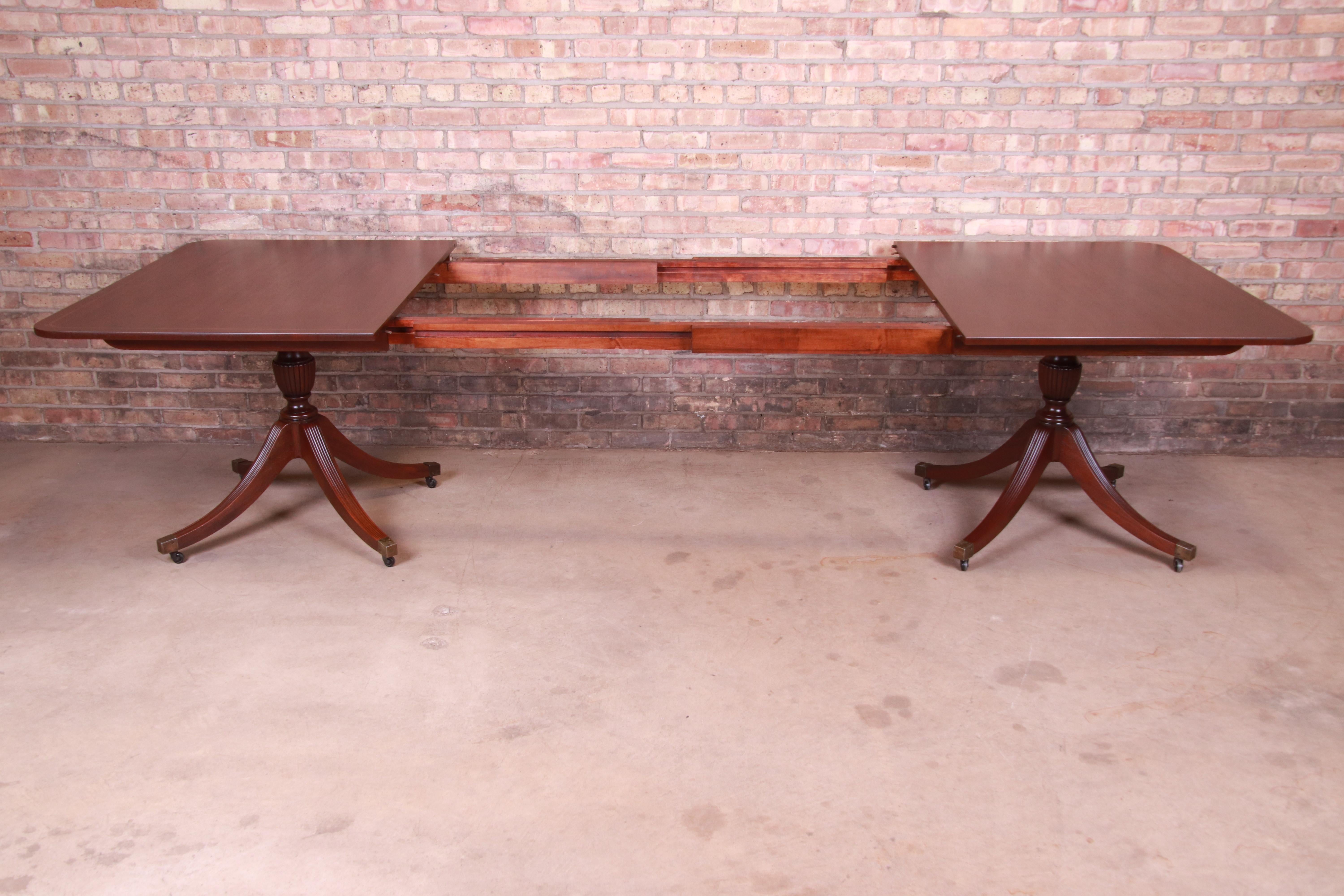 Brass Baker Furniture Georgian Banded Mahogany Double Pedestal Dining Table, Restored