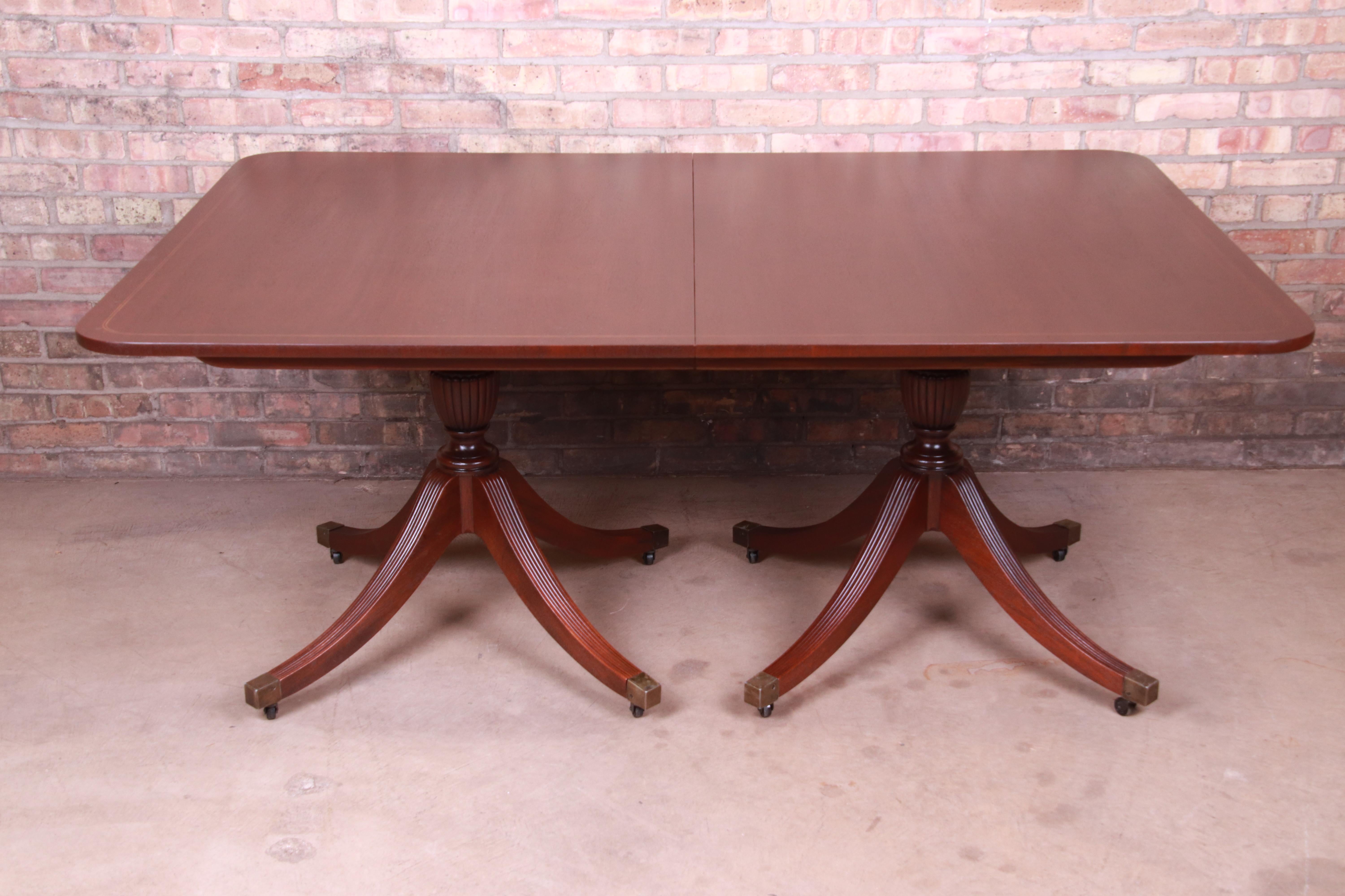 Baker Furniture Georgian Banded Mahogany Double Pedestal Dining Table, Restored 1