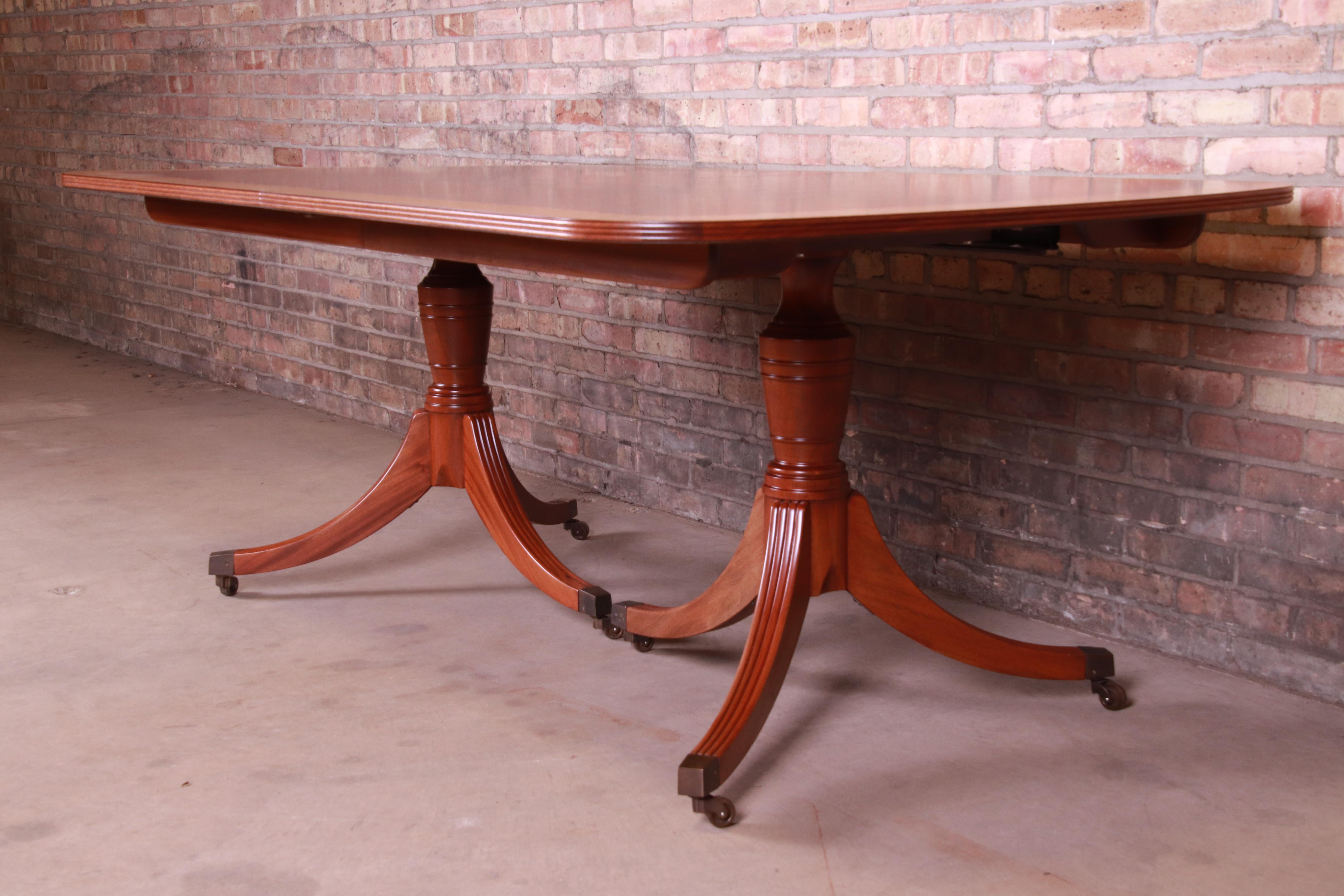 Baker Furniture Georgian Banded Mahogany Double Pedestal Dining Table, Restored 1