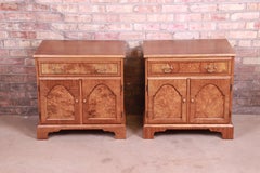 Baker Furniture Georgian Burl Wood Nightstands, Newly Refinished