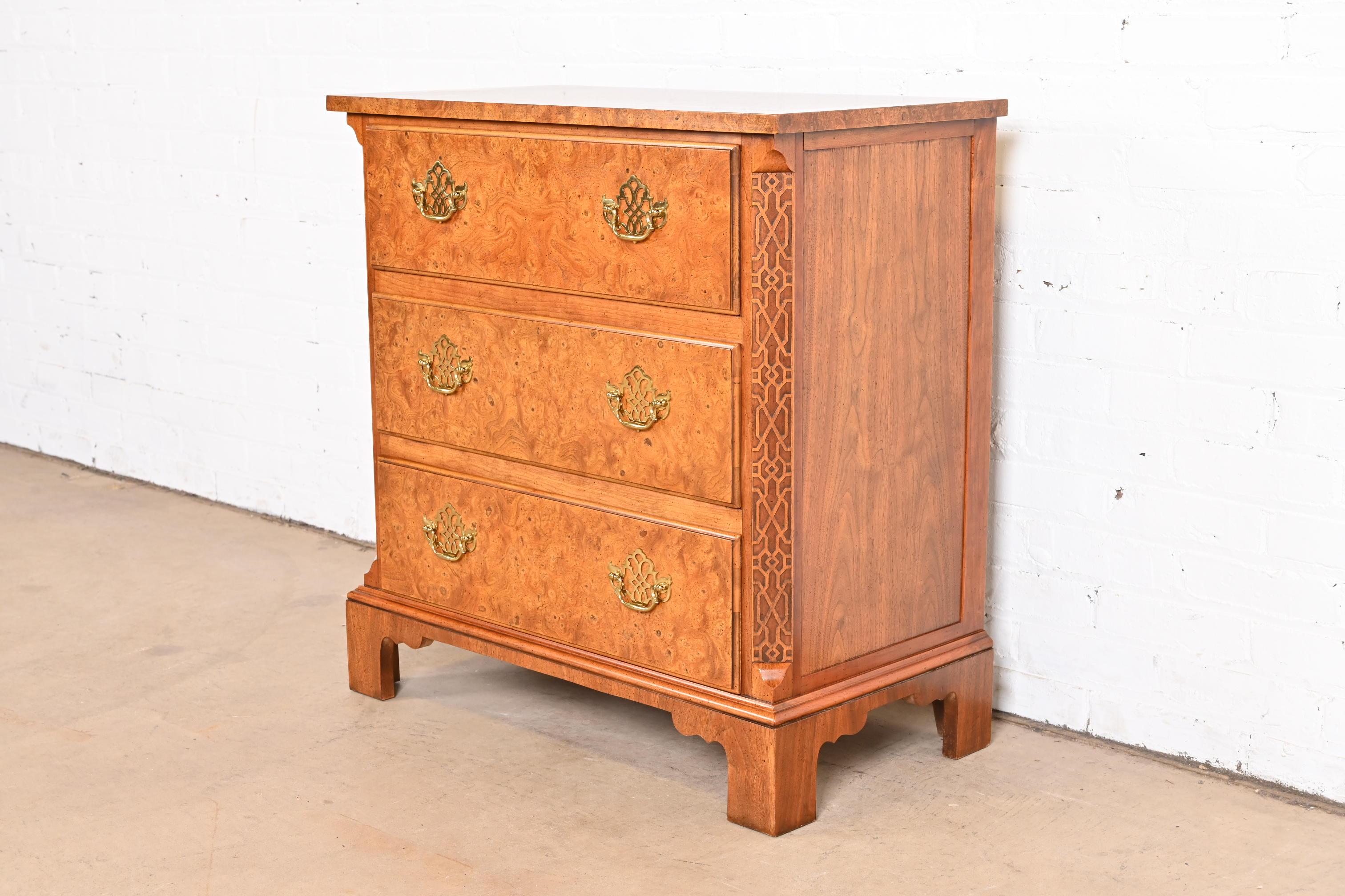 A beautiful Georgian or Chippendale style three-drawer commode or chest of drawers

By Baker Furniture

USA, Circa 1980s

Gorgeous burled walnut, with original brass hardware.

Measures: 30
