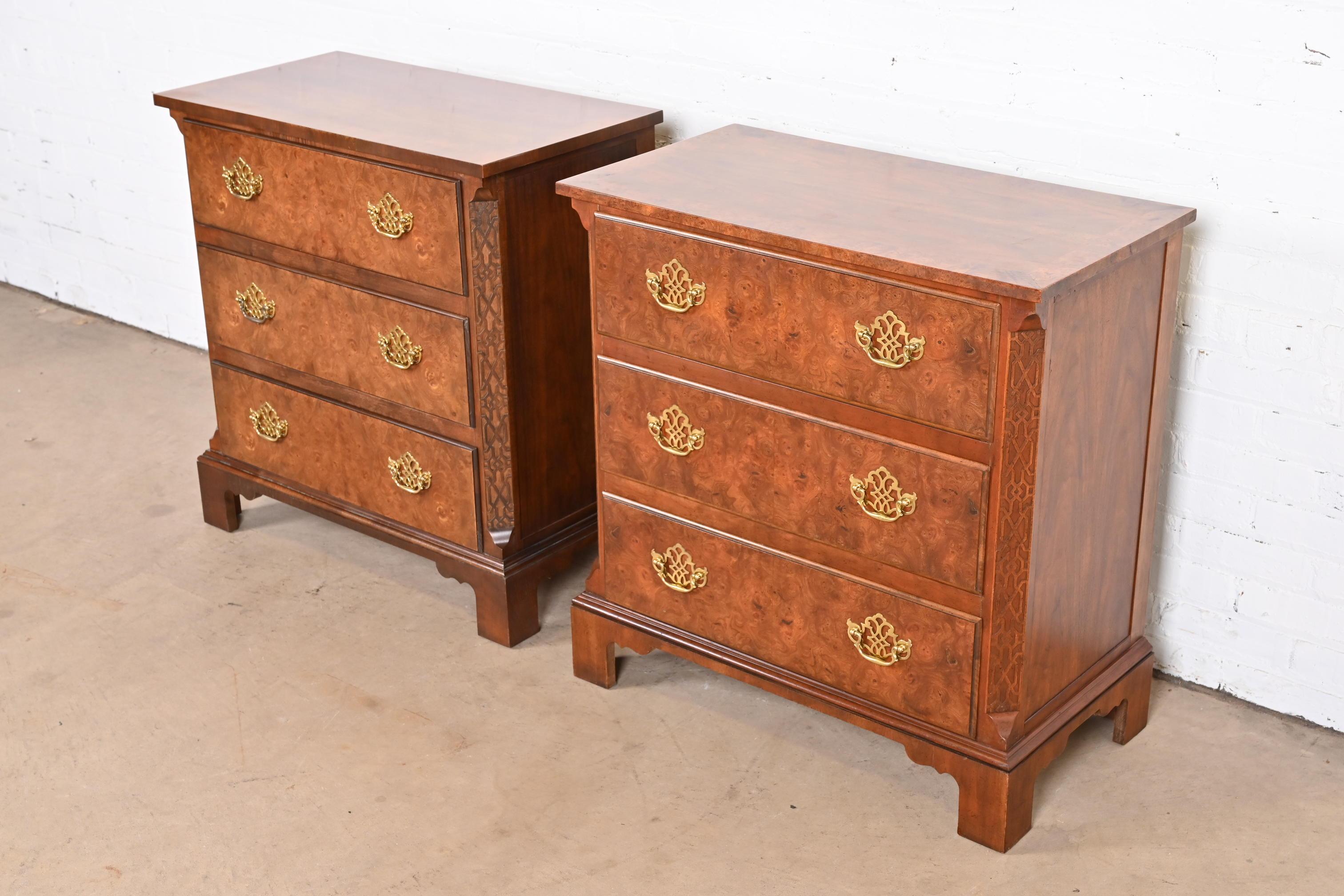 Late 20th Century Baker Furniture Georgian Burled Walnut Bedside Chests, Pair