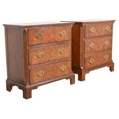 Baker Furniture Georgian Burled Walnut Bedside Chests, Pair