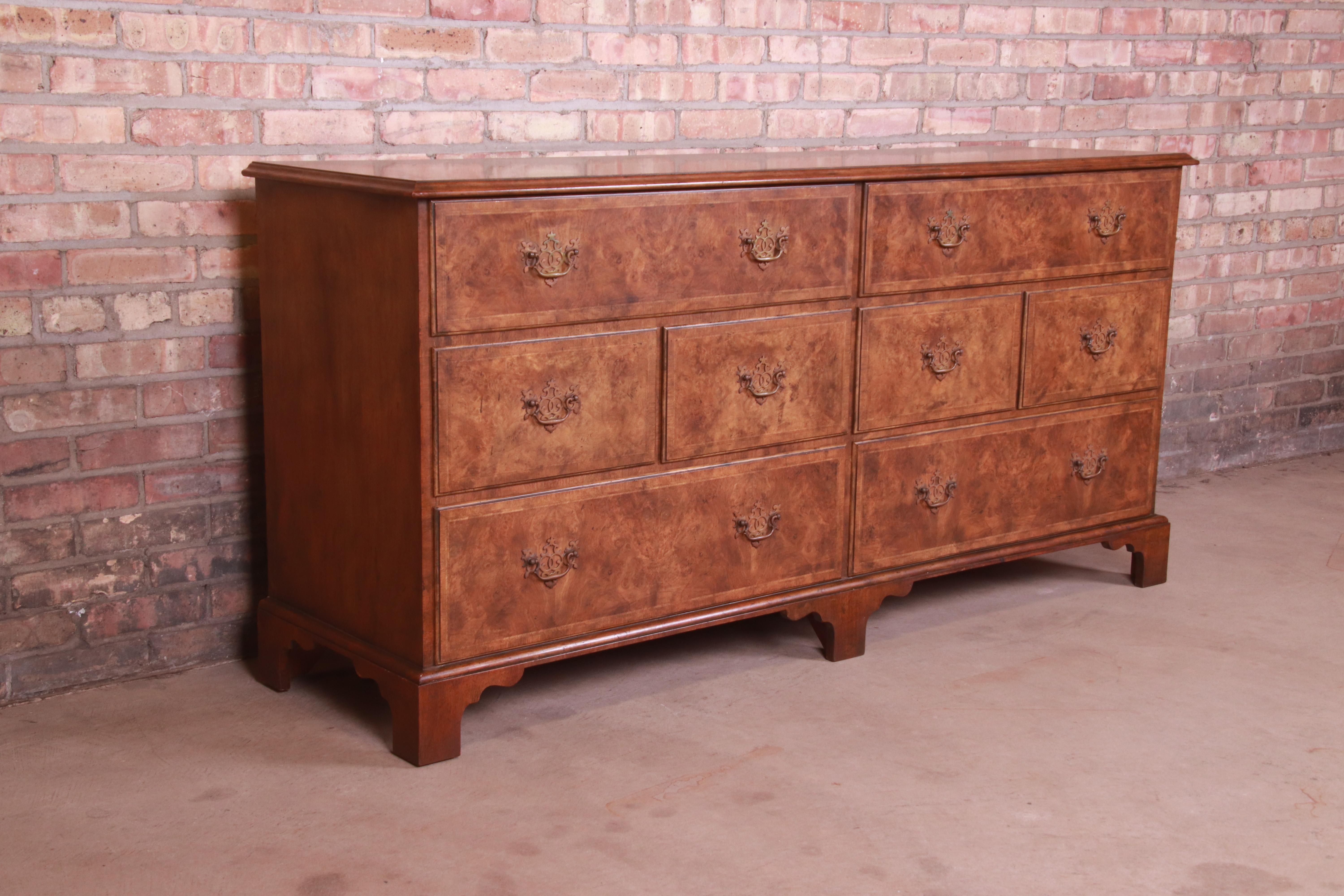 Baker Furniture Georgian Burled Walnut Eight-Drawer Double Dresser or Credenza 1