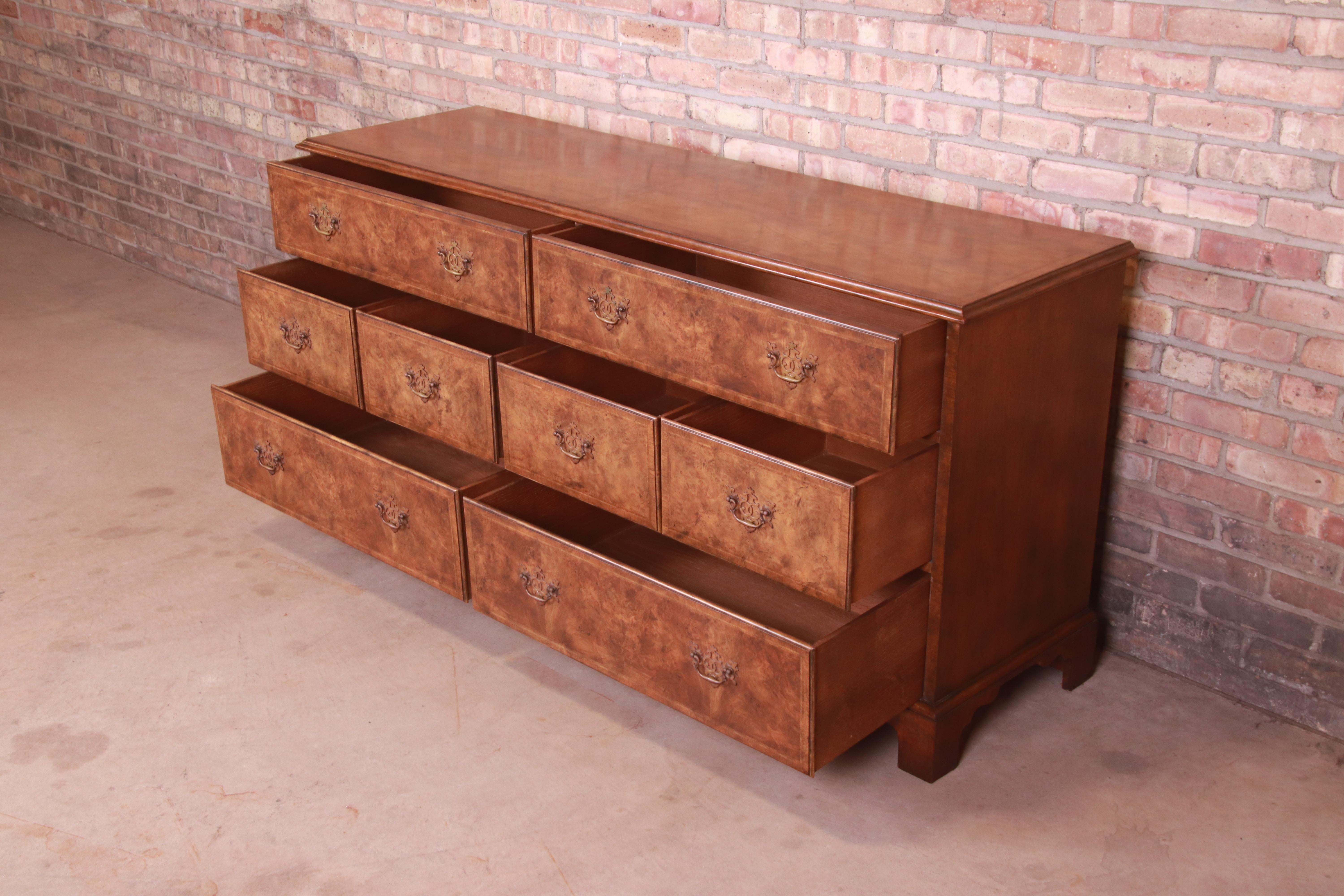 Baker Furniture Georgian Burled Walnut Eight-Drawer Double Dresser or Credenza 3