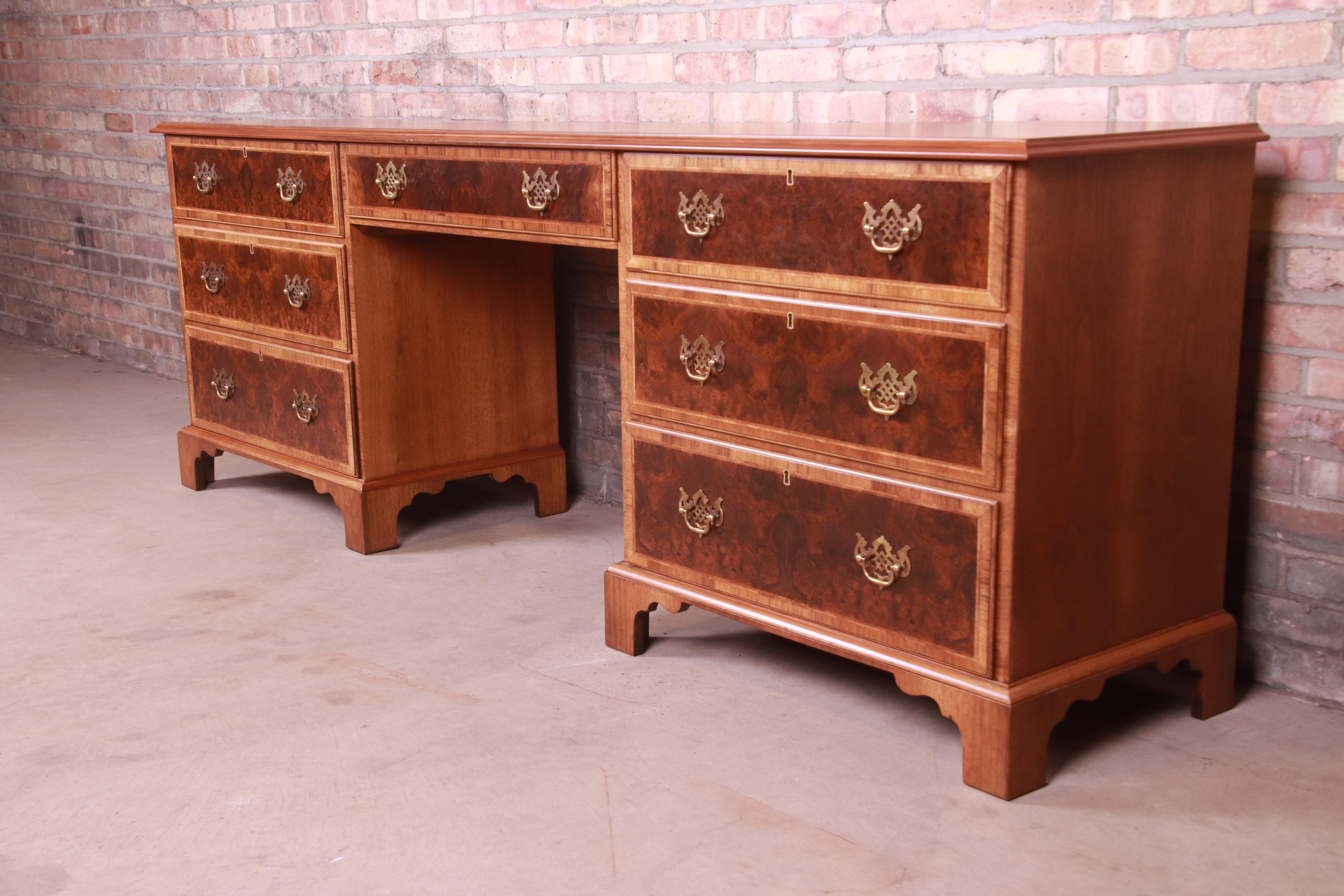 Baker Furniture Georgian Burled Walnut Executive Credenza Desk, Newly Refinished In Good Condition In South Bend, IN