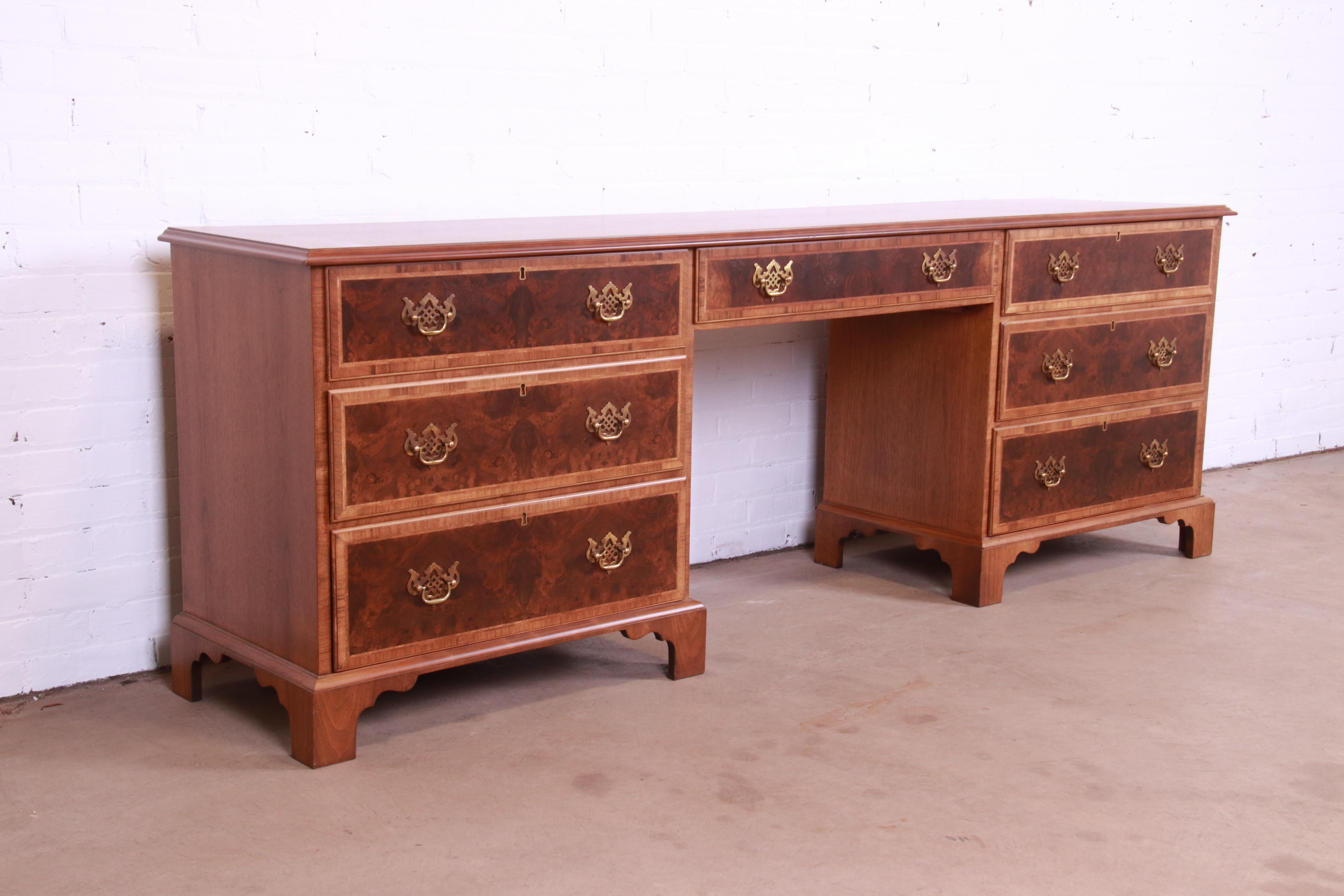 Mid-20th Century Baker Furniture Georgian Burled Walnut Executive Credenza Desk, Newly Refinished For Sale