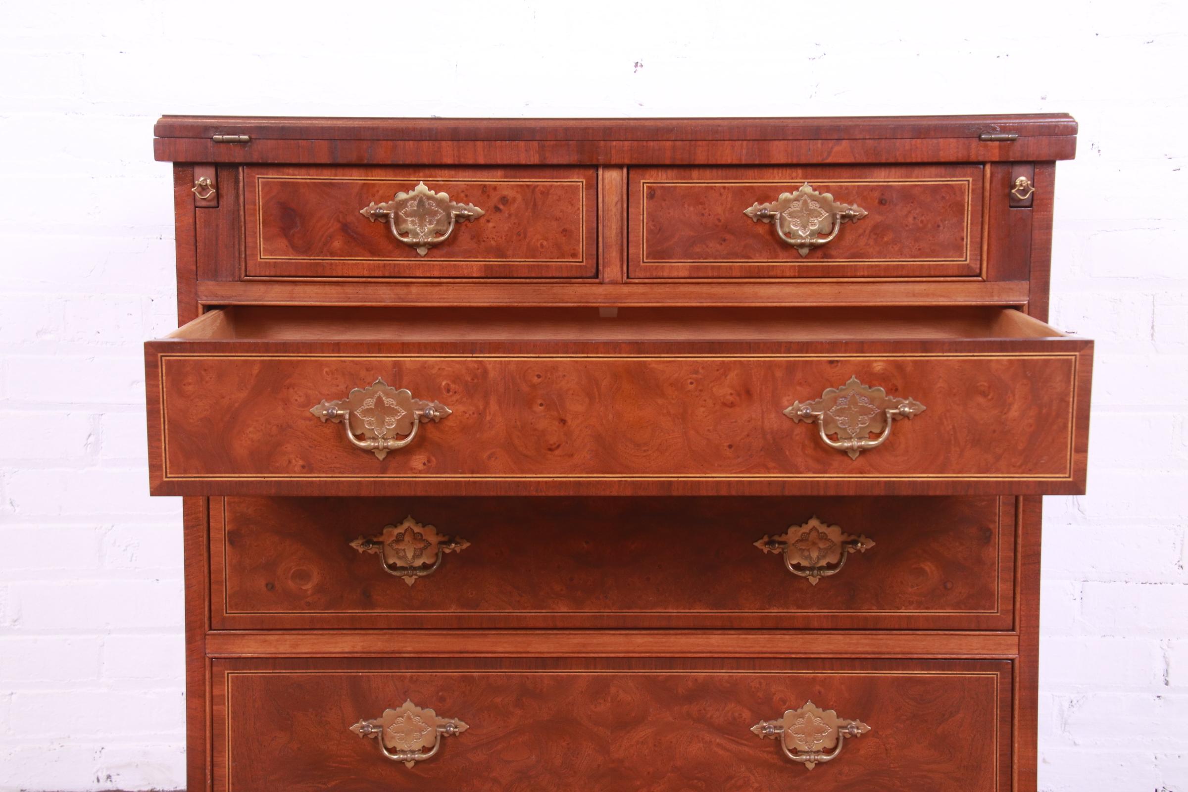 Baker Furniture Georgian Burled Walnut Flip Top Bachelor Chest 4