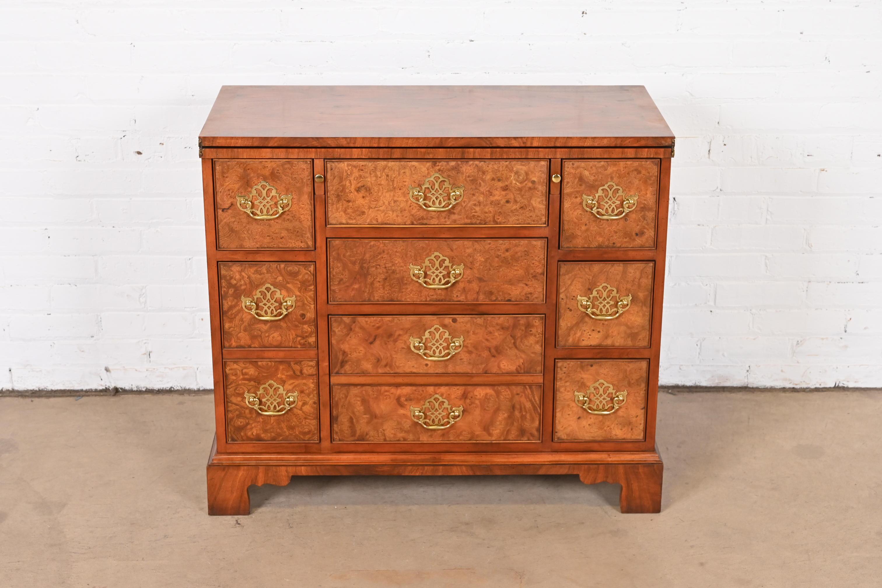 American Baker Furniture Georgian Burled Walnut Flip Top Bachelor Chest