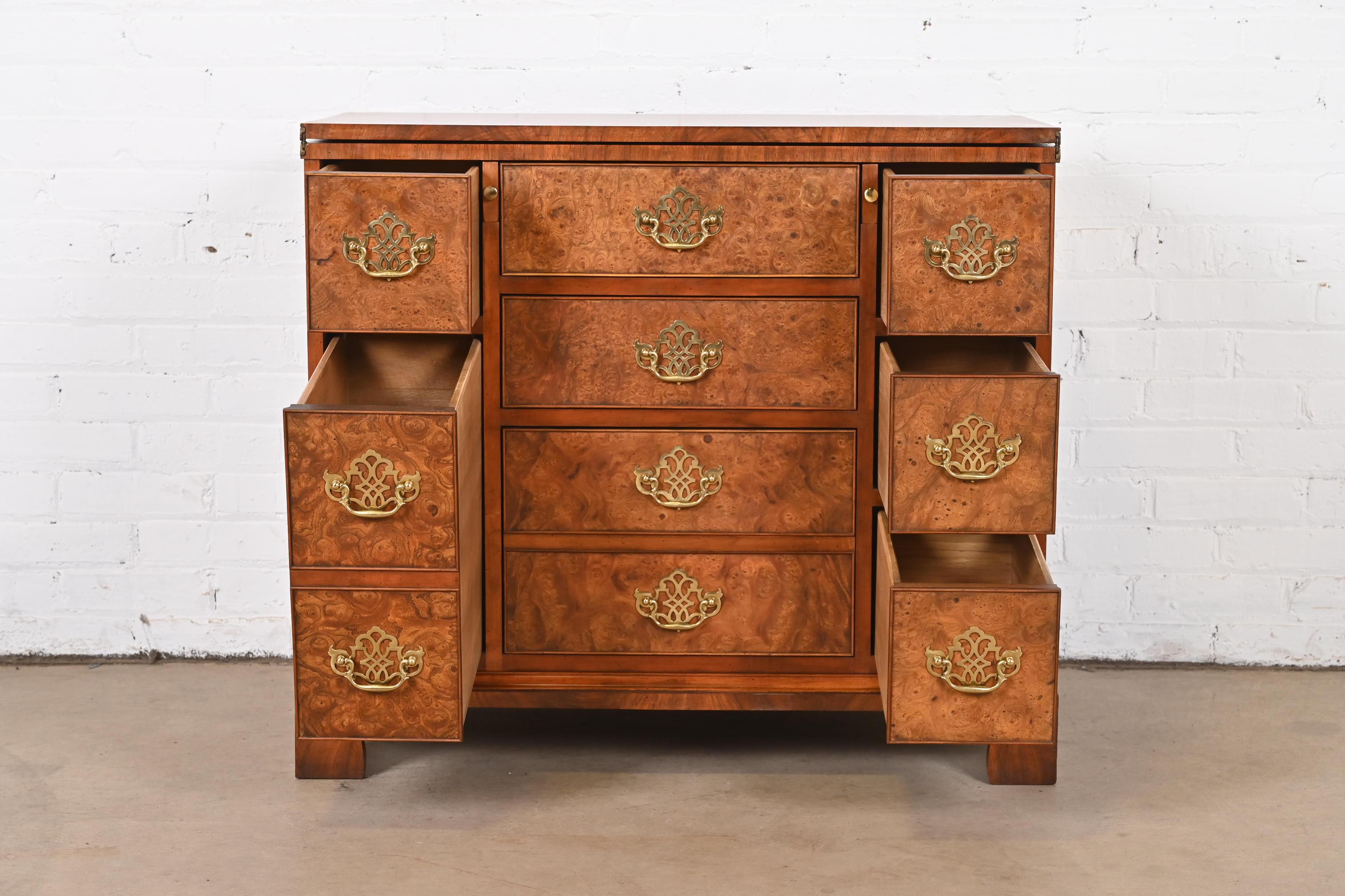 Baker Furniture Georgian Burled Walnut Flip Top Bachelor Chest 1