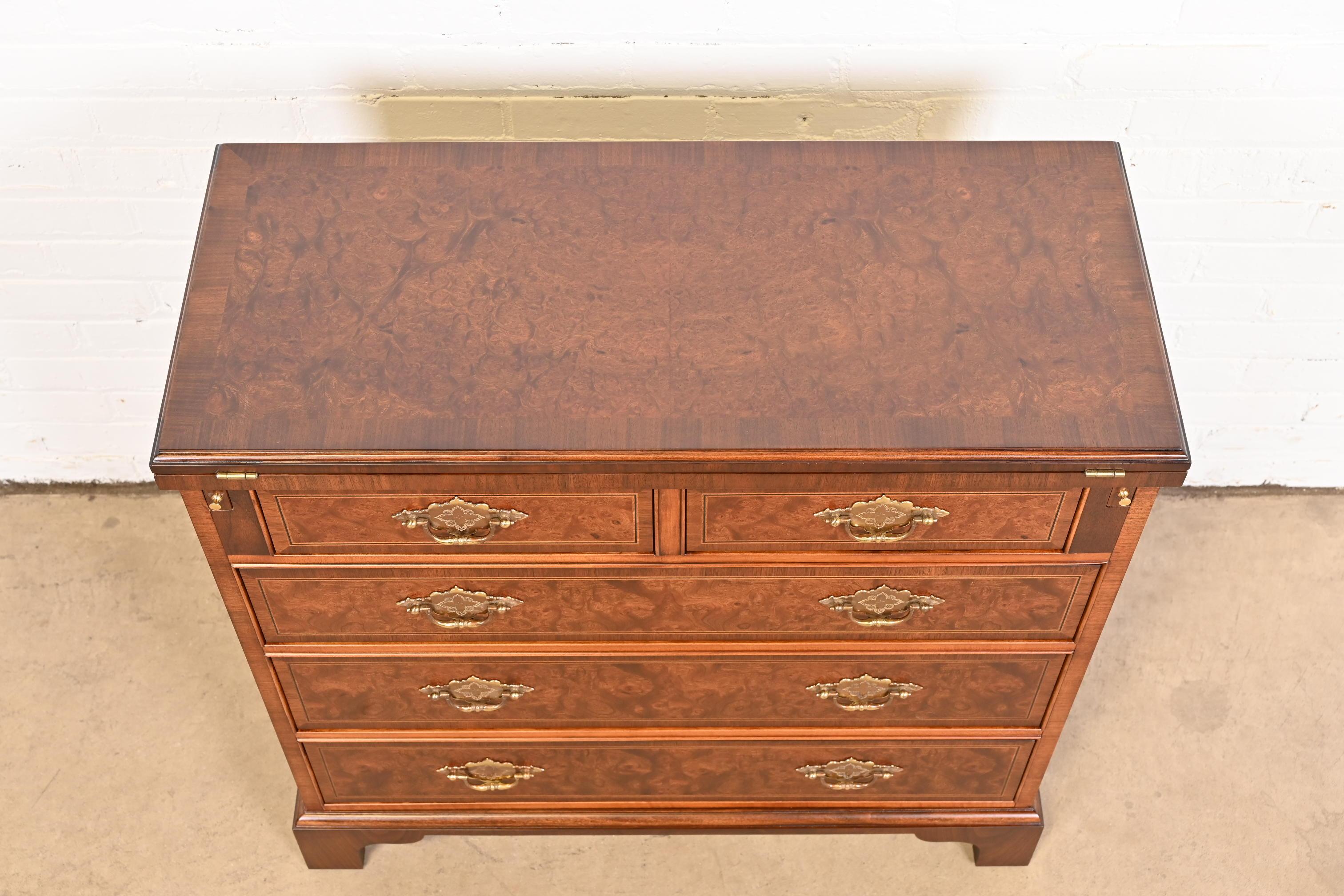 Baker Furniture Georgian Burled Walnut Flip Top Bachelor Chest, Newly Refinished 9