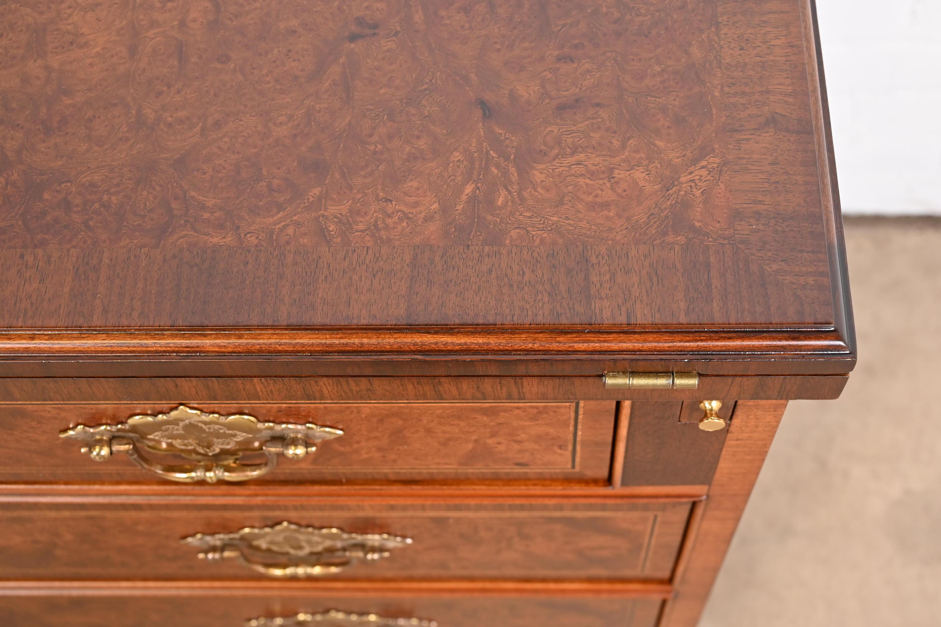 Baker Furniture Georgian Burled Walnut Flip Top Bachelor Chest, Newly Refinished 10