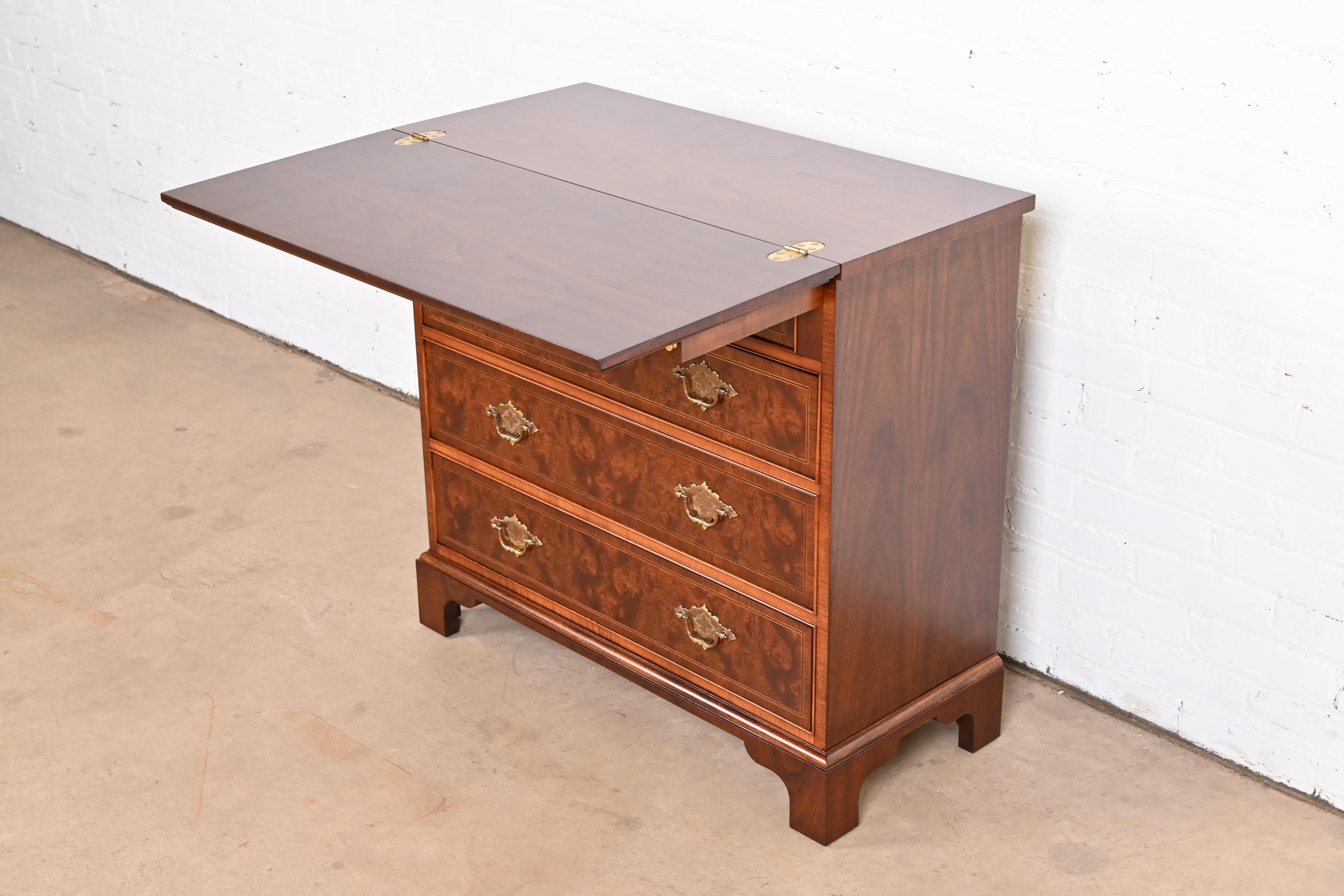 Baker Furniture Georgian Burled Walnut Flip Top Bachelor Chest, Newly Refinished 11