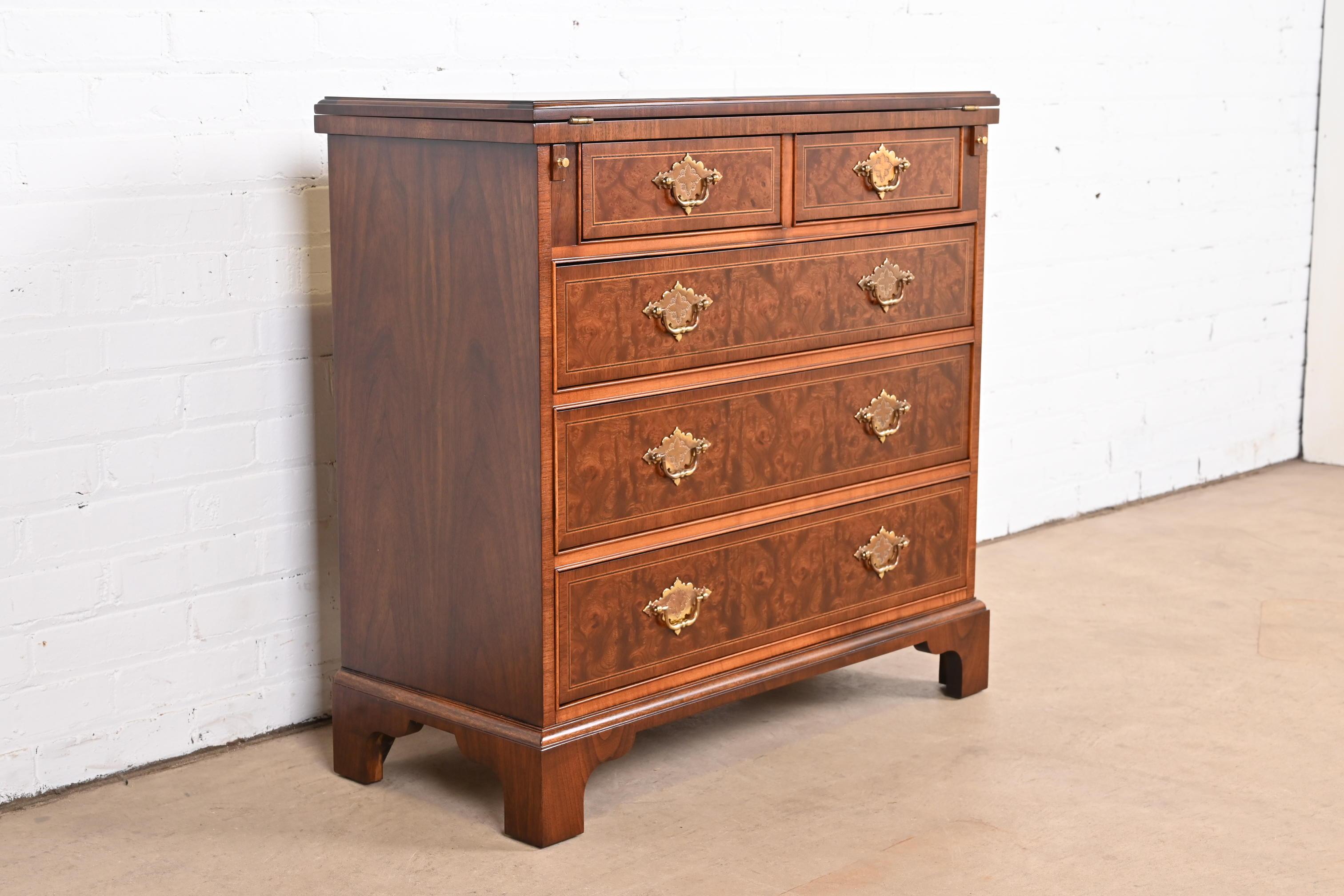 Brass Baker Furniture Georgian Burled Walnut Flip Top Bachelor Chest, Newly Refinished