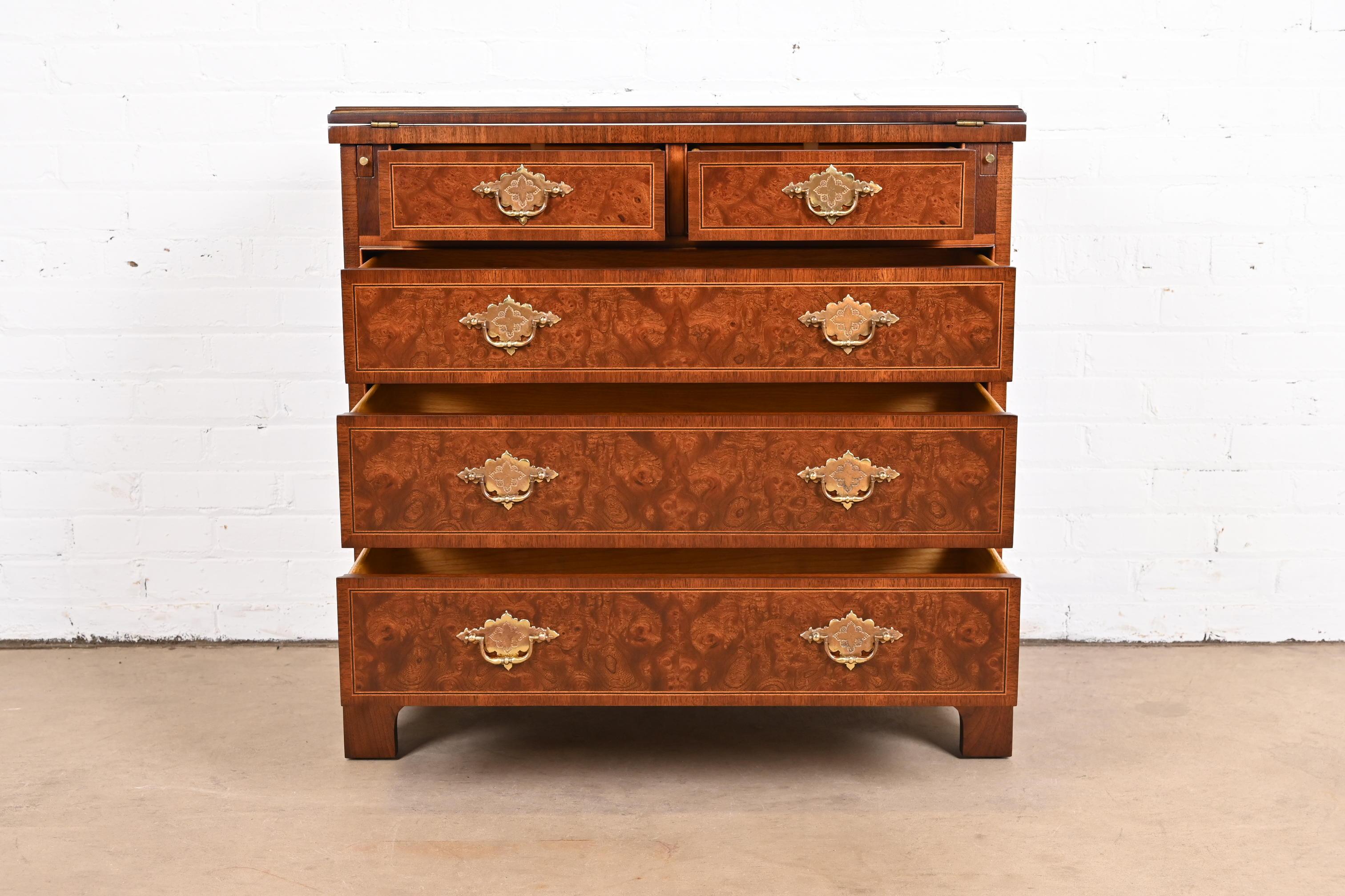 Baker Furniture Georgian Burled Walnut Flip Top Bachelor Chest, Newly Refinished 1