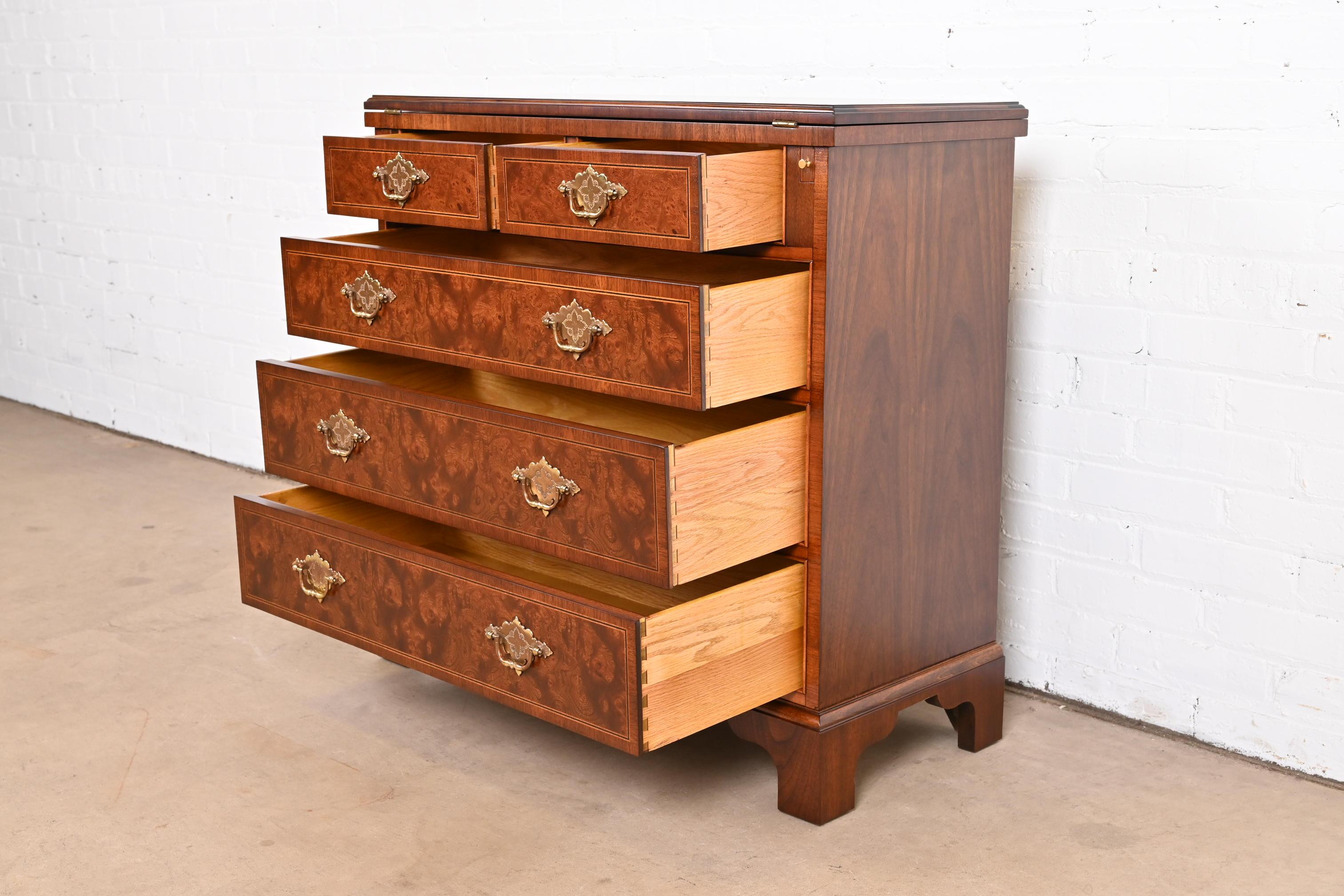 Baker Furniture Georgian Burled Walnut Flip Top Bachelor Chest, Newly Refinished 2