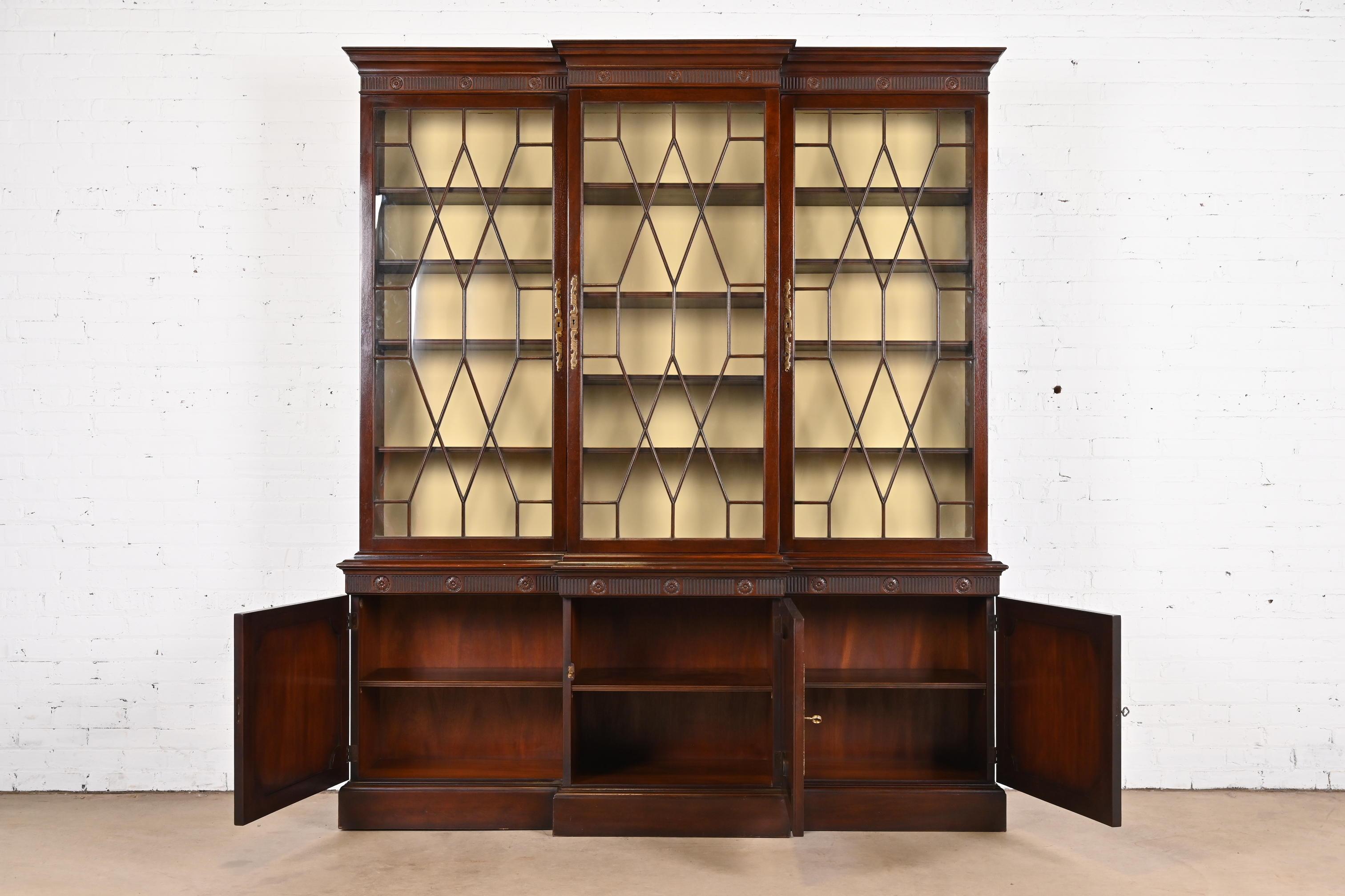 Mid-20th Century Baker Furniture Georgian Carved Mahogany Breakfront Bookcase Cabinet