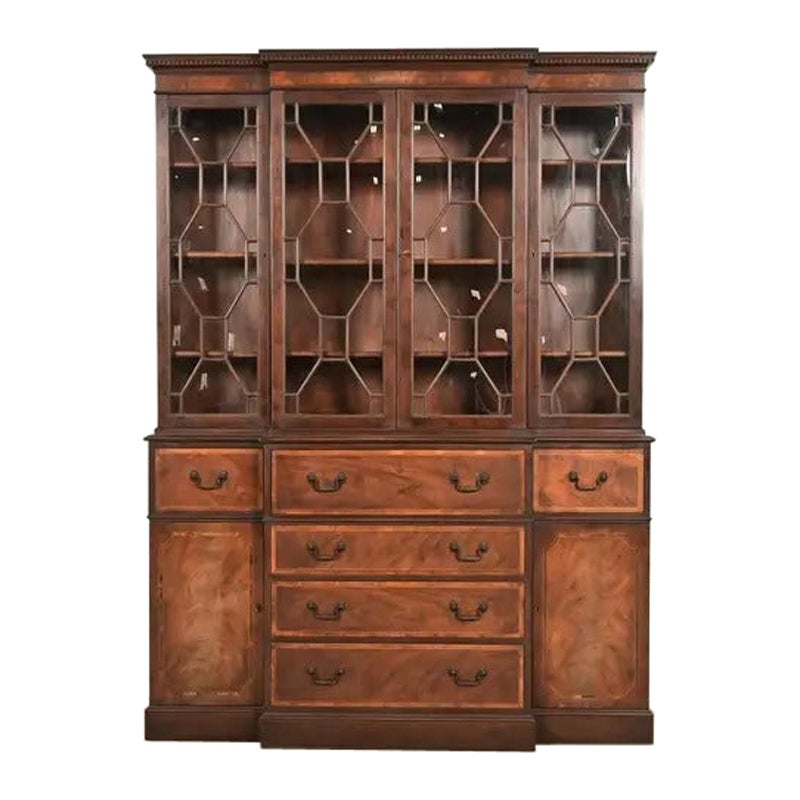 Baker Furniture Georgian Carved Mahogany Breakfront Bookcase Cabinet