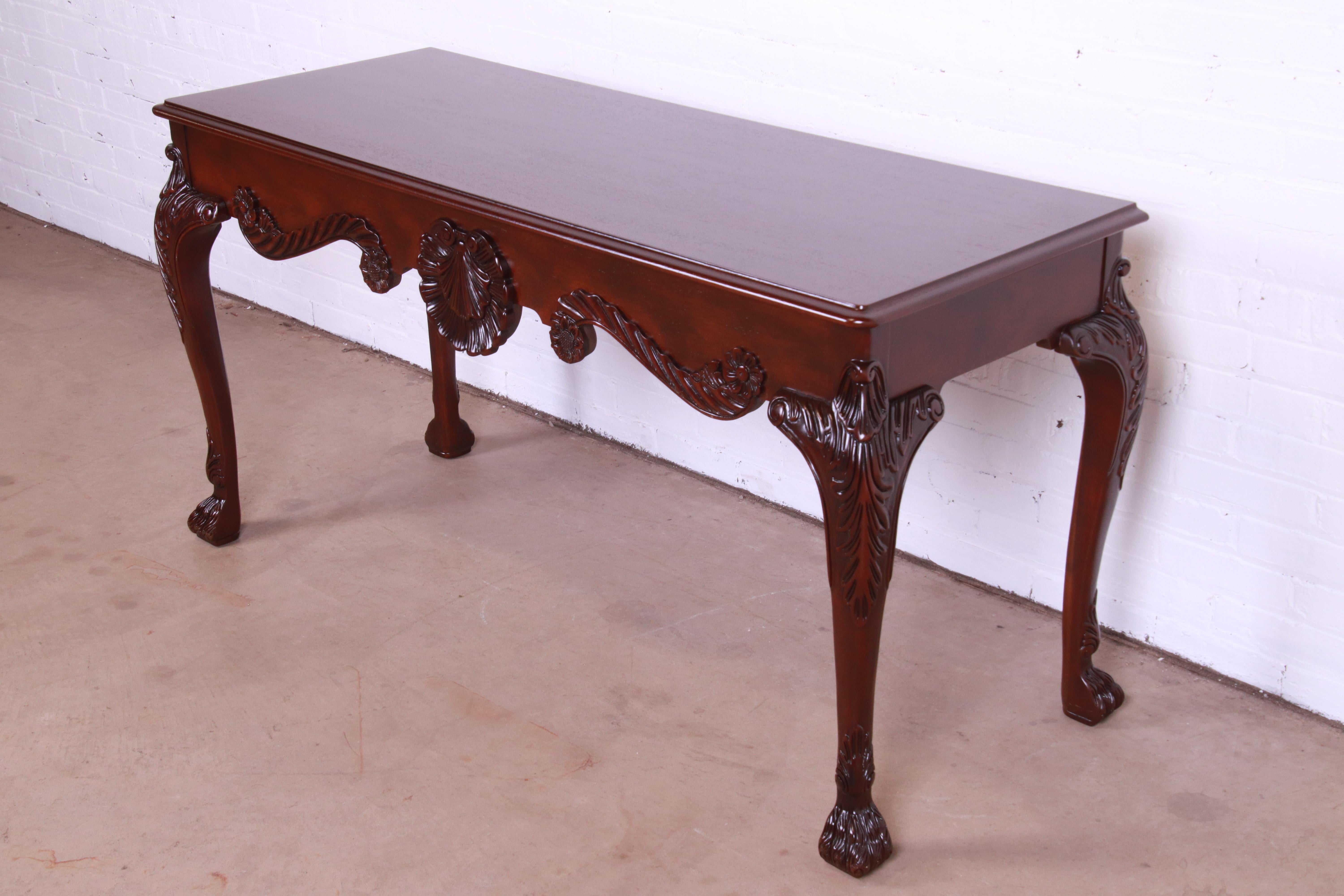 American Baker Furniture Georgian Carved Mahogany Console or Sofa Table, Newly Refinished For Sale