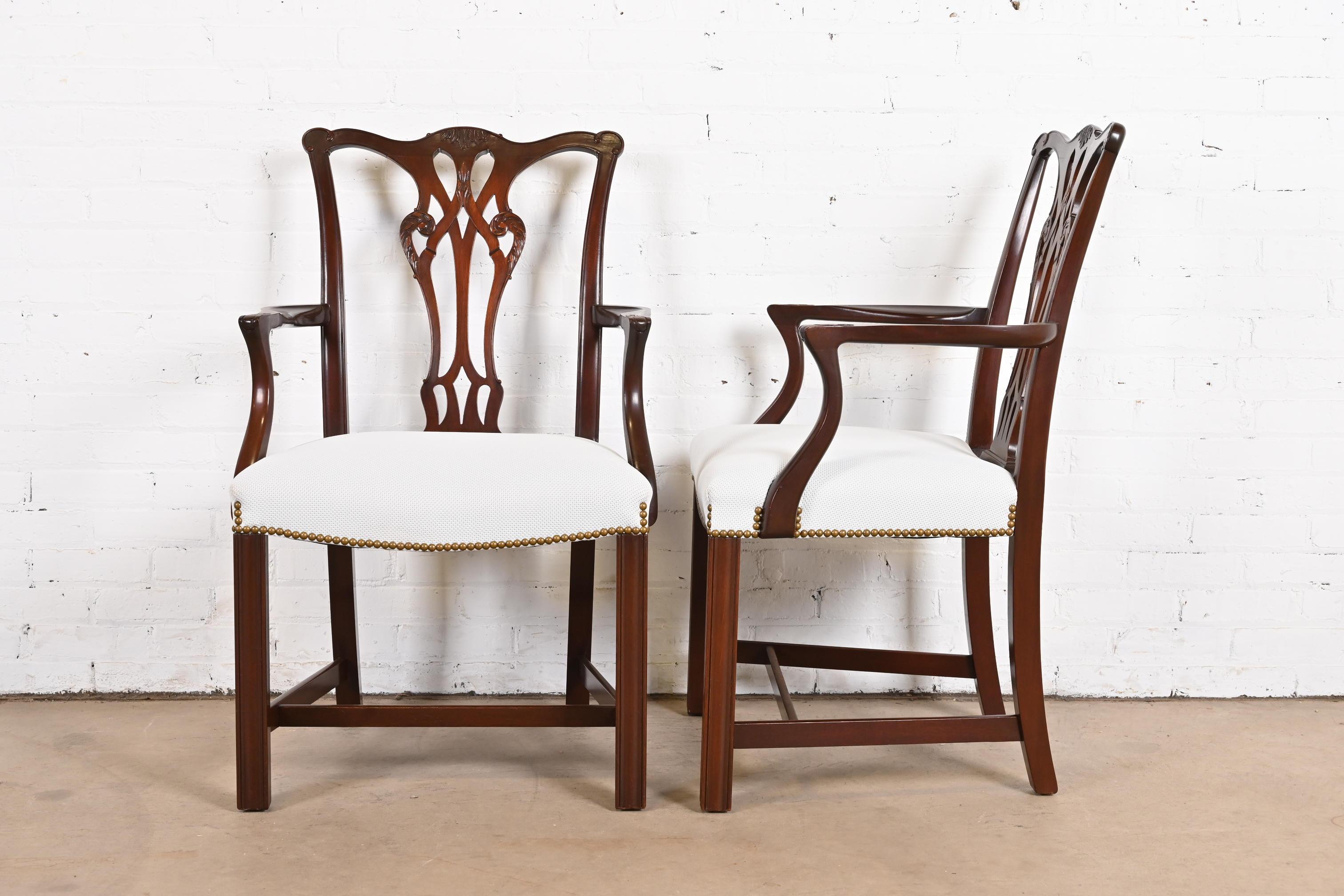 Baker Furniture Georgian Carved Mahogany Dining Chairs, Newly Reupholstered 4