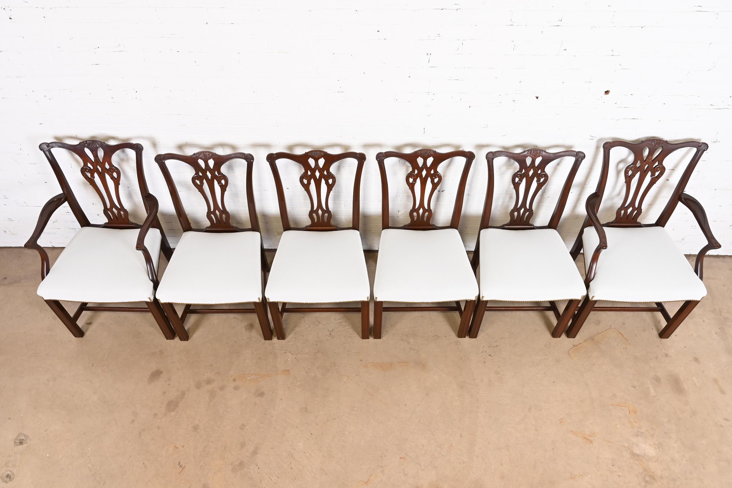 Late 20th Century Baker Furniture Georgian Carved Mahogany Dining Chairs, Newly Reupholstered
