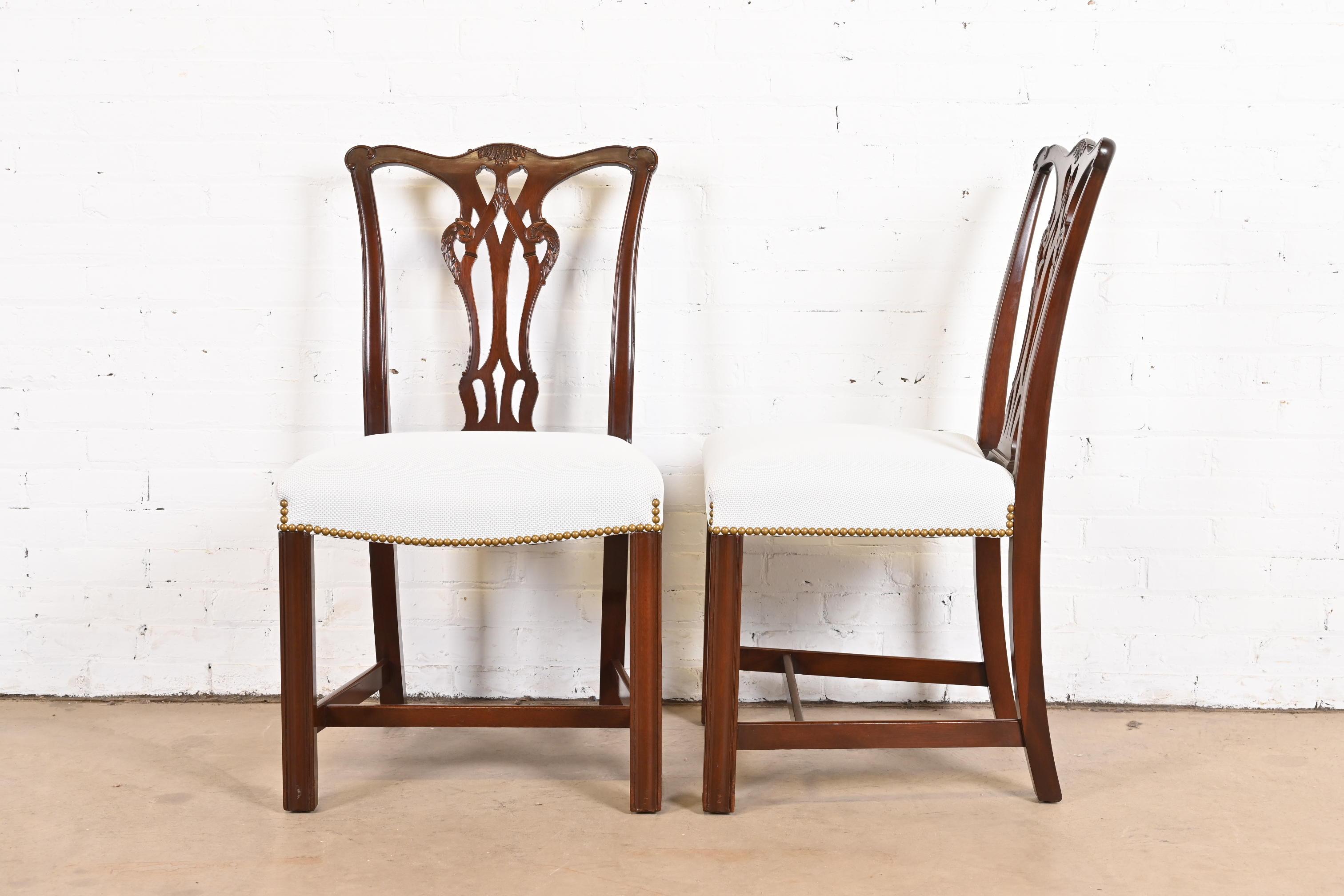 Brass Baker Furniture Georgian Carved Mahogany Dining Chairs, Newly Reupholstered