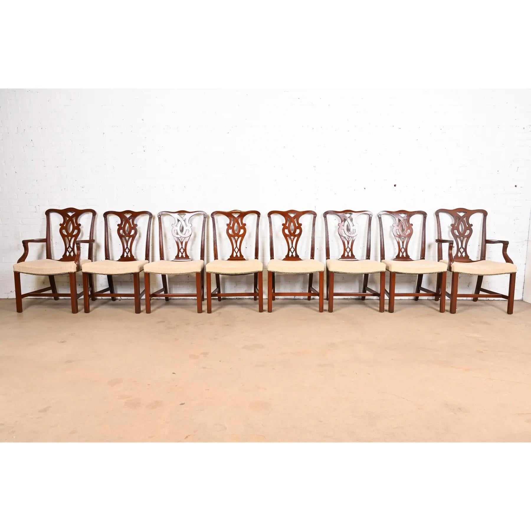 Uno splendido set di otto sedie da pranzo in stile Chippendale o Georgiano

Da Baker Furniture

Stati Uniti, fine del XX secolo

Struttura in mogano massiccio intagliato, con sedili imbottiti.

Misure:
Sedie laterali: 21,5